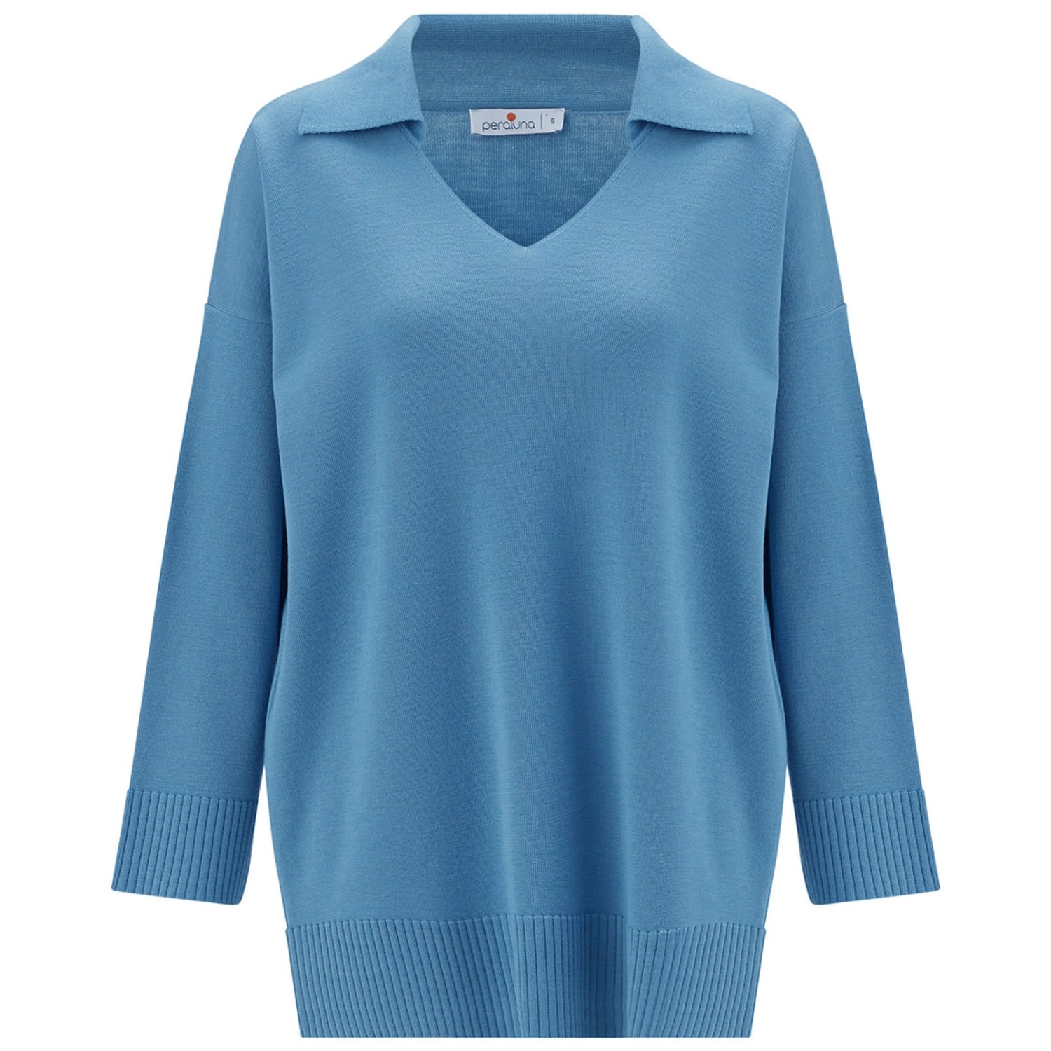 Women’s Polo V Neck Wide Sleeve Loose Fit Knit Pullover - Blue Small Peraluna