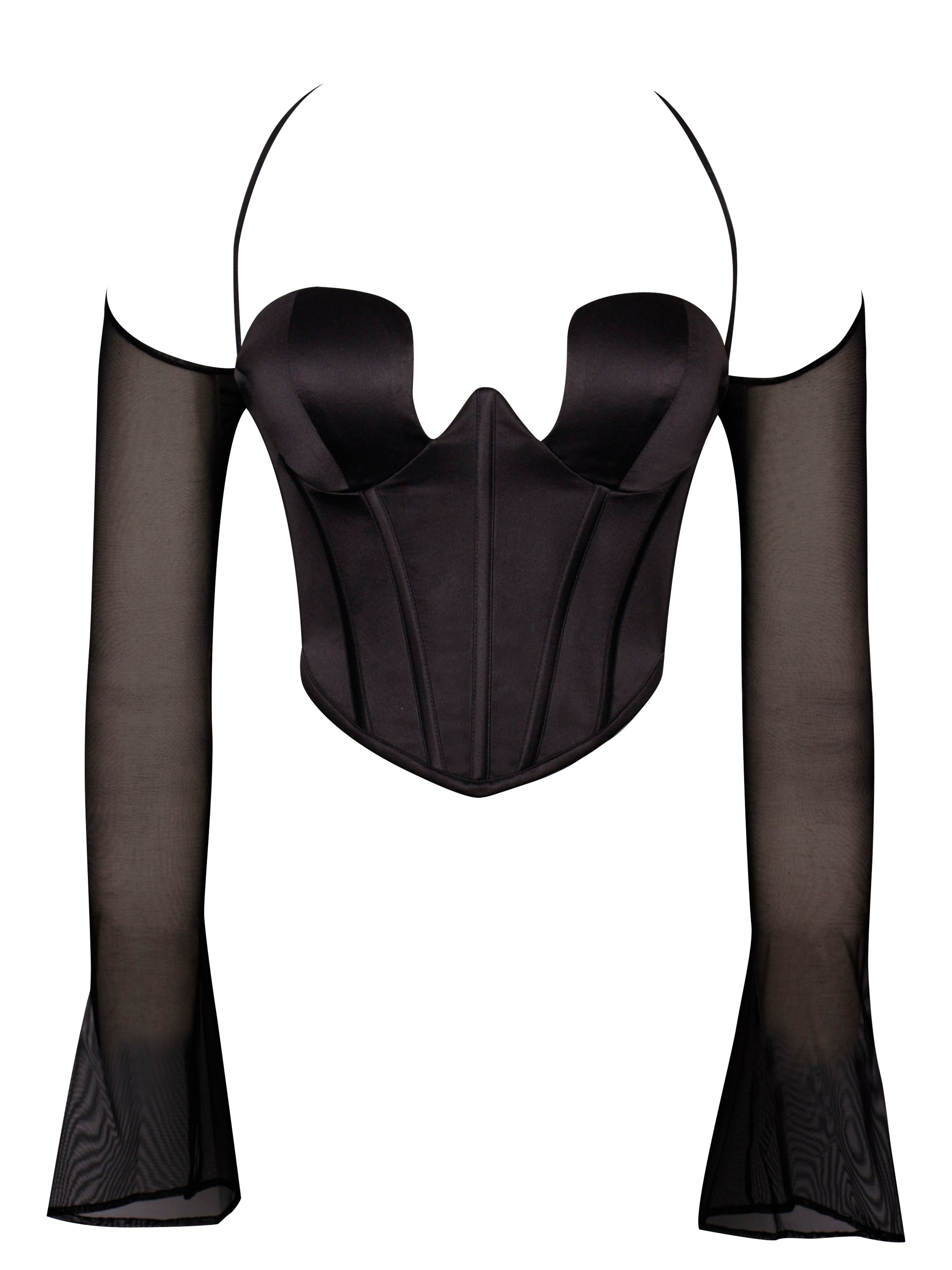 Miss Circle New York Women's Pixie Black Mesh Sleeve Halter Corset Satin Top
