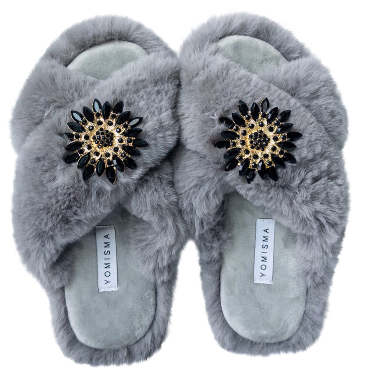 Yomisma Women's Faux Fur Slippers - Global Recycled Standard Certified With Black Jewel Embellishments - Gre In Grey