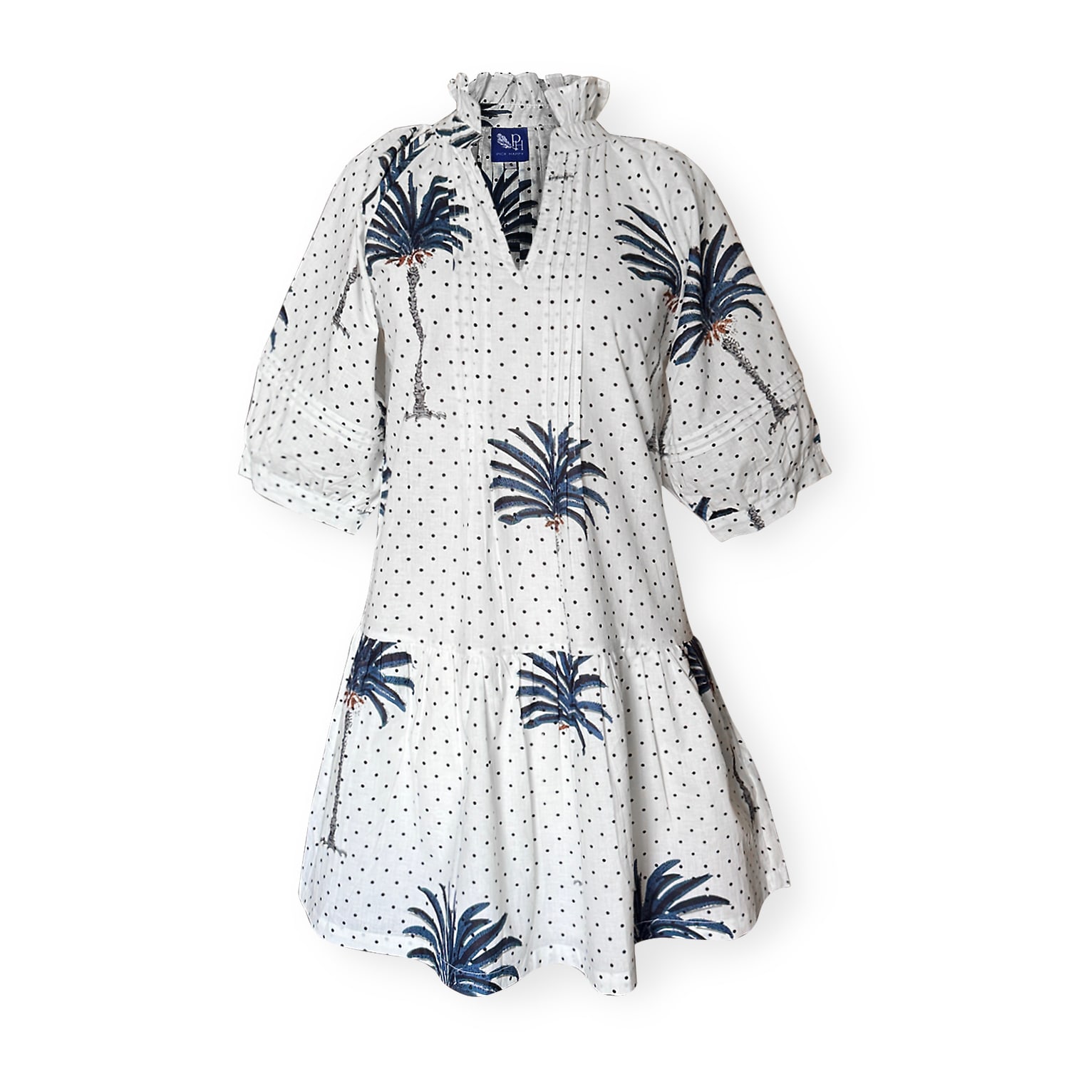 Pick Happy Women's Blue / Black / White Puff Sleeve Chloe Mini Dress With Pintuck Details Indigo Palm Tree