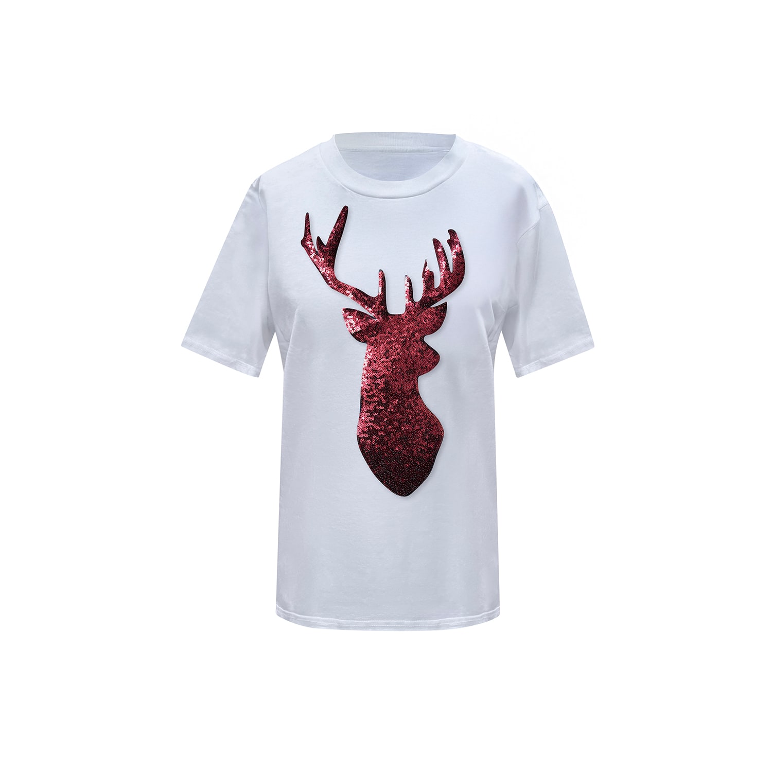 Toma Women's Red Reindeer Christmas Sequin White T-shirt In White