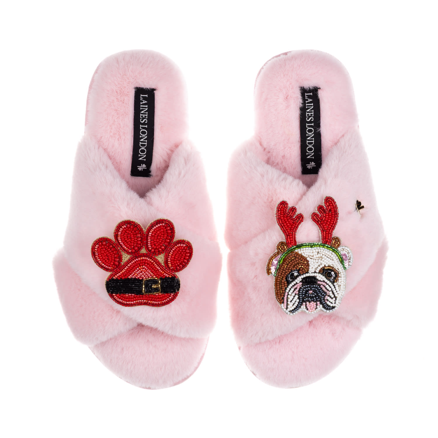 Laines London Women's Classic Slippers With Christmas British Bulldog & Paw Brooches - Pink In Pink