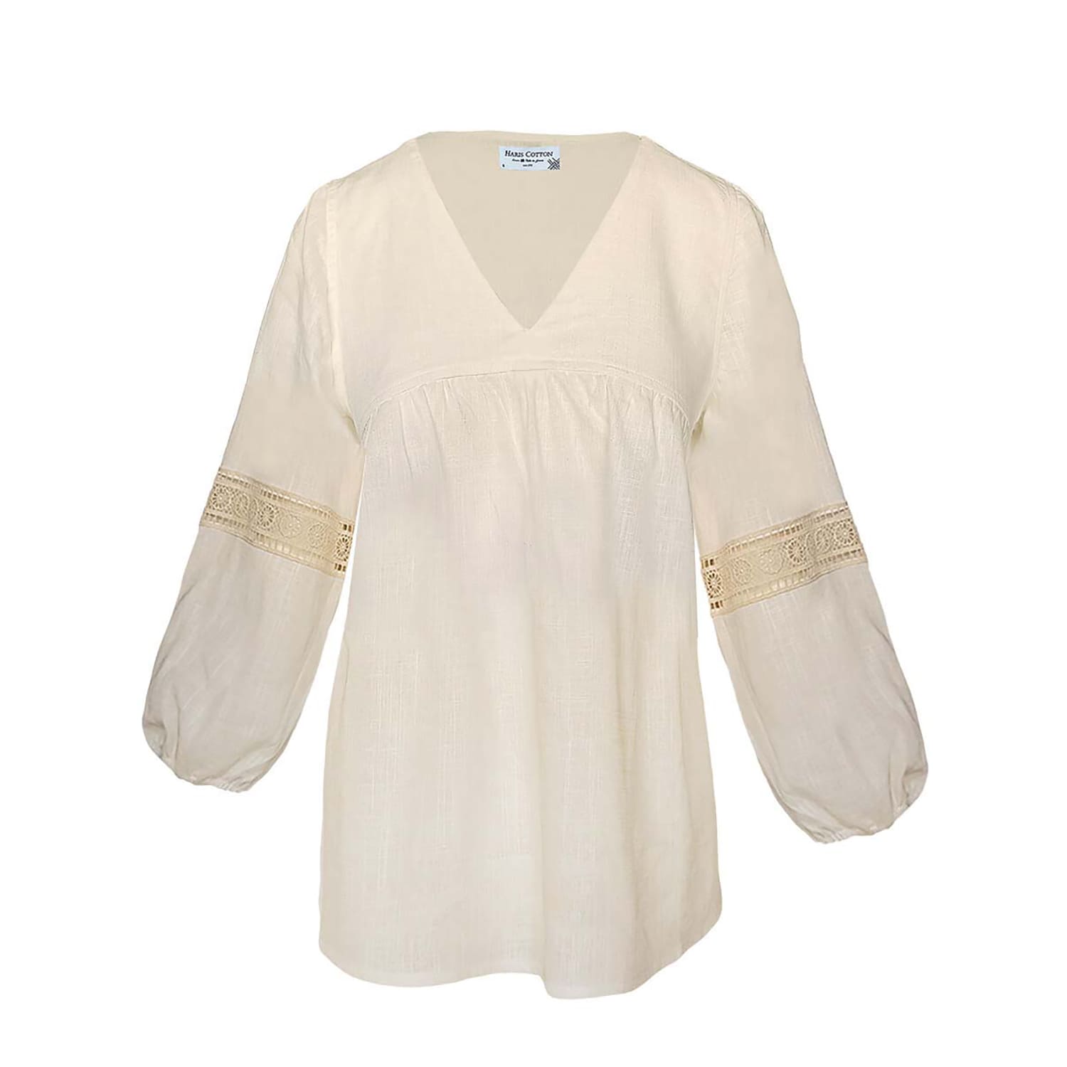 Haris Cotton Women's Linen Blouse With Long Ballon Sleeves And Lace White In White