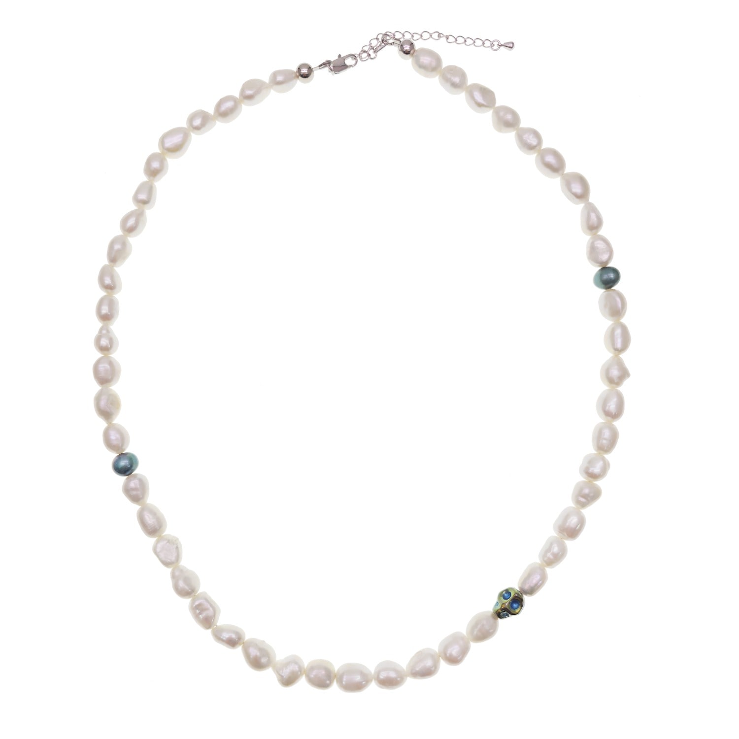 Farra White Freshwater Pearls With Skull Men's Necklace