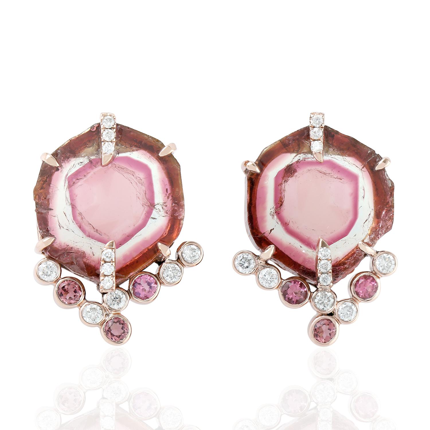 Artisan Women's Tourmaline Melon & Pink Tourmaline Bezel Diamond Stud Earrings In Rose Gold
