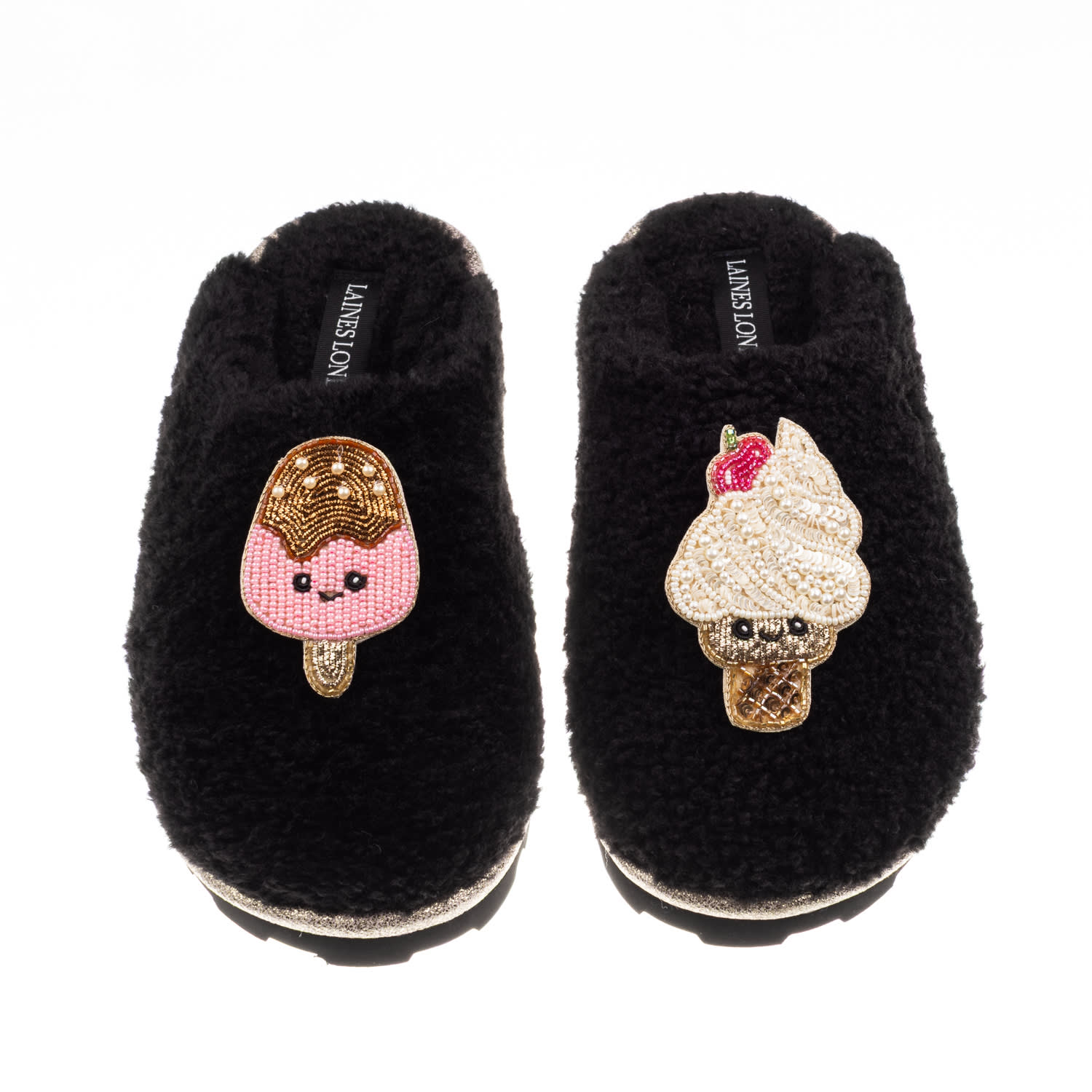 Laines London Women's Teddy Closed Toe Slippers With Laines Lovables Ice Lolly & Ice Cream Brooches - Black In Black