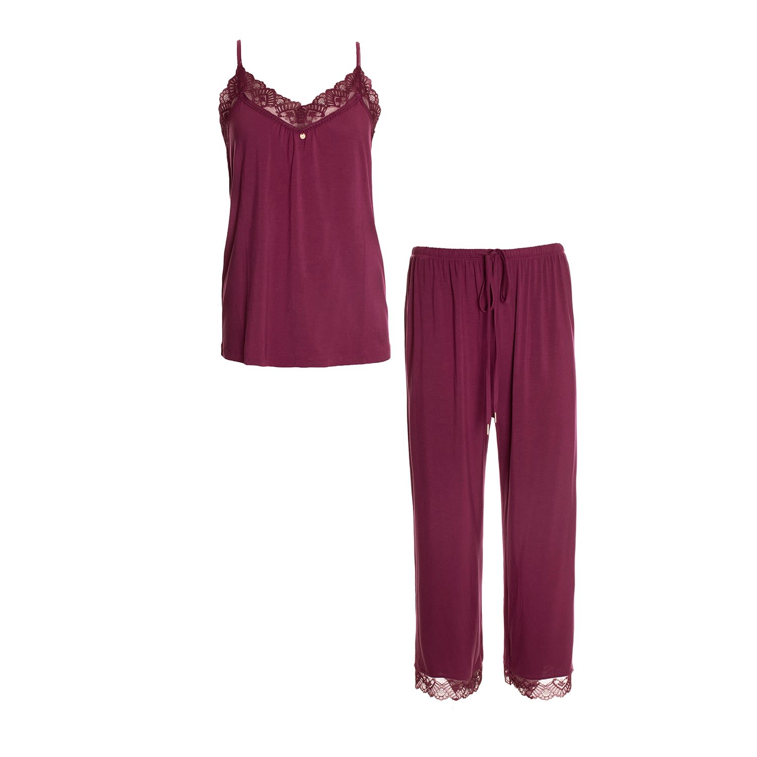 Pretty You Women's Red Bamboo Lace Cami Cropped Trouser Pj Set In Bordeaux In Burgundy