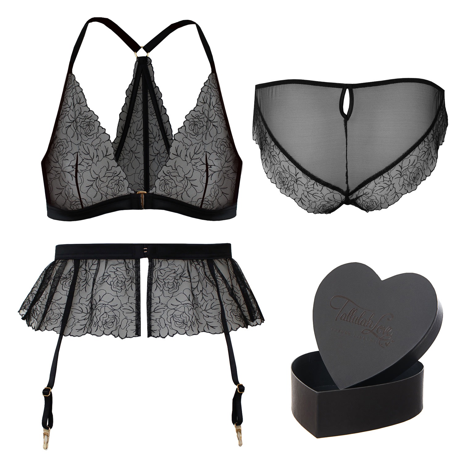 Tallulah Love Women's Black Midnight Rose Gift Set: Bralette, Ouvert, Suspender & Heart Box In Black