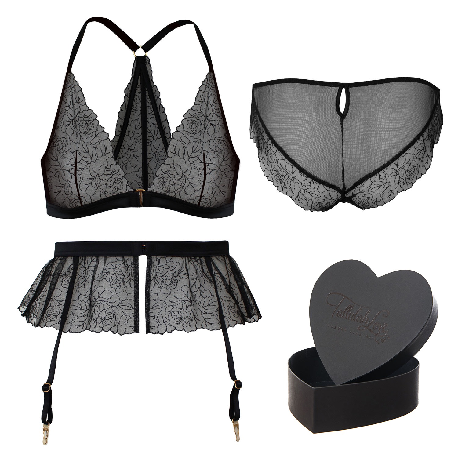 Women’s Black Midnight Rose Gift Set: Bralette, Ouvert, Suspender & Heart Box Small Tallulah Love