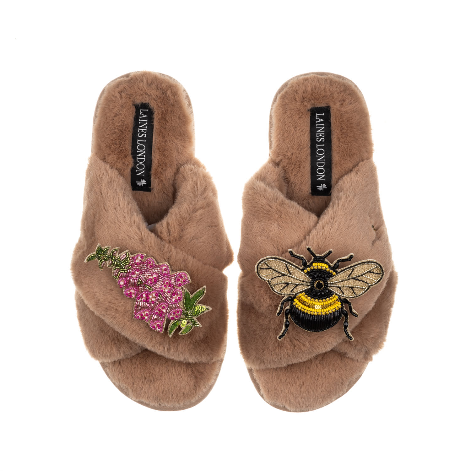 Laines London Women's Brown Classic Laines Slippers With Honey Bee & Pink Foxglove Flowers Brooches - Toffee In Brown