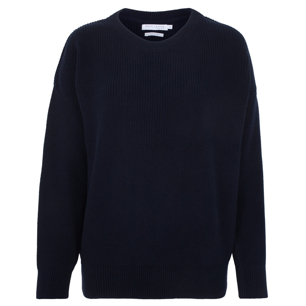 Blue Womens Cotton Ribbed Crew Neck Tiffany Jumper - Navy Small Paul James Knitwear