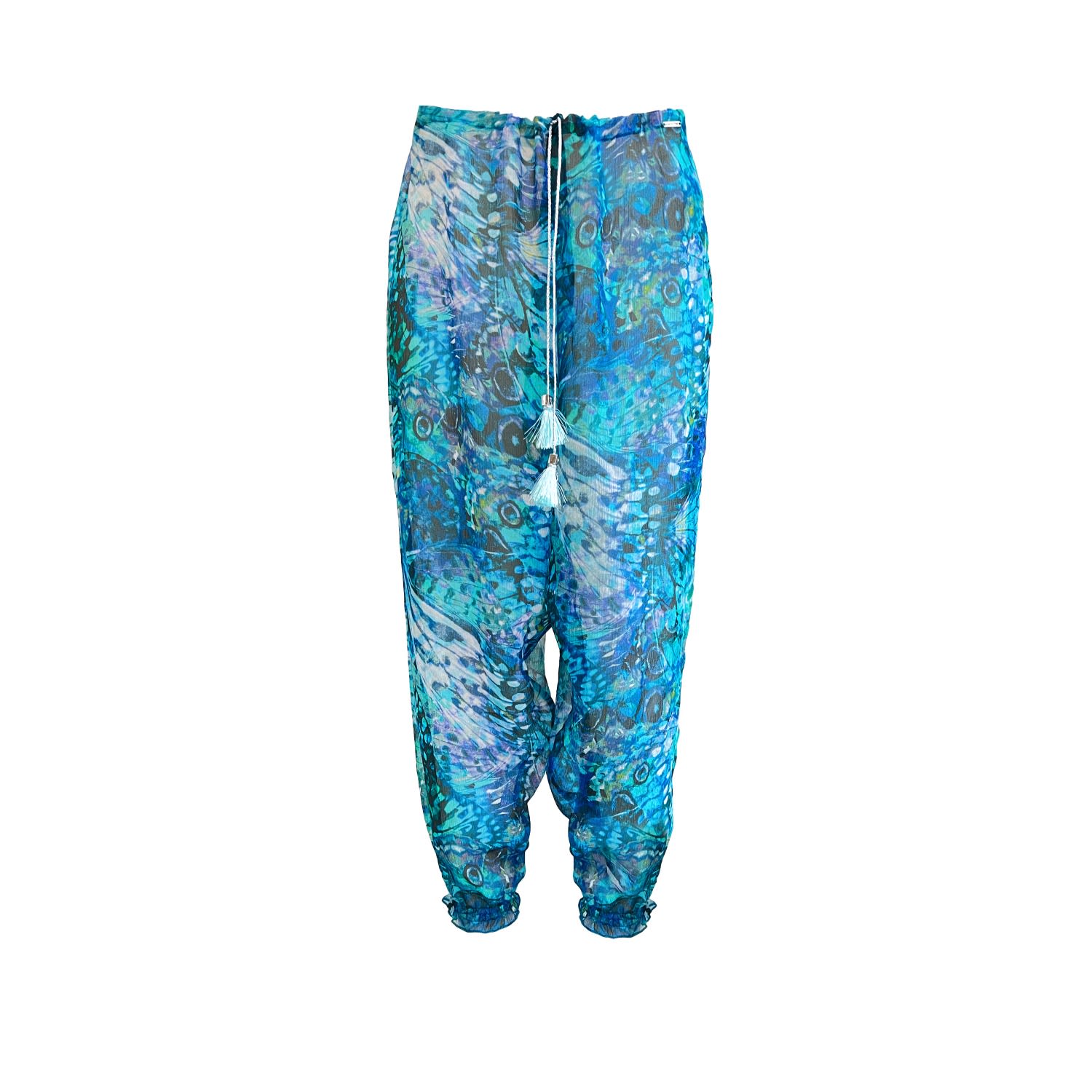 Deessa Ibiza Women's Black / Blue Butterfly Print Silk Harem Trouser Blue In Black/blue