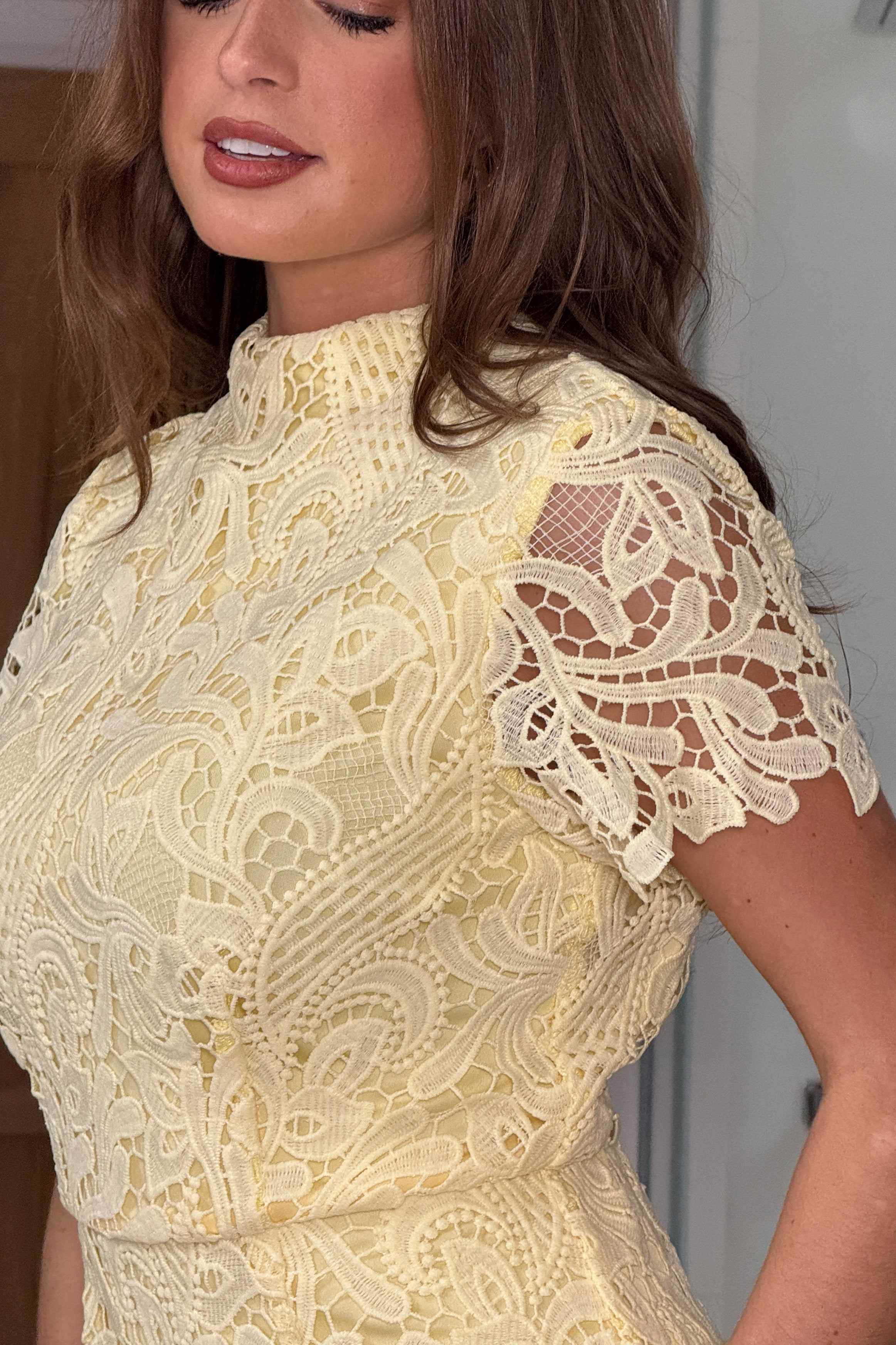 yellow long sleeve lace dress Women's Pale Yellow Lace Keyhole Long Flared Sleeve Maxi Dress