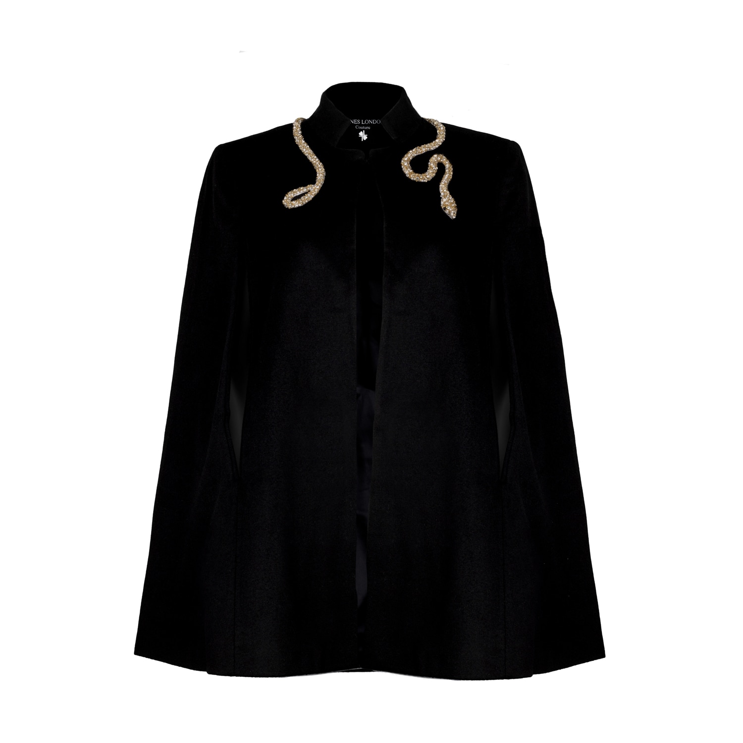 Laines London Women's Laines Couture Wool Blend Cape With Embellished Wrap Pearl & Crystal Snake - Black In Black