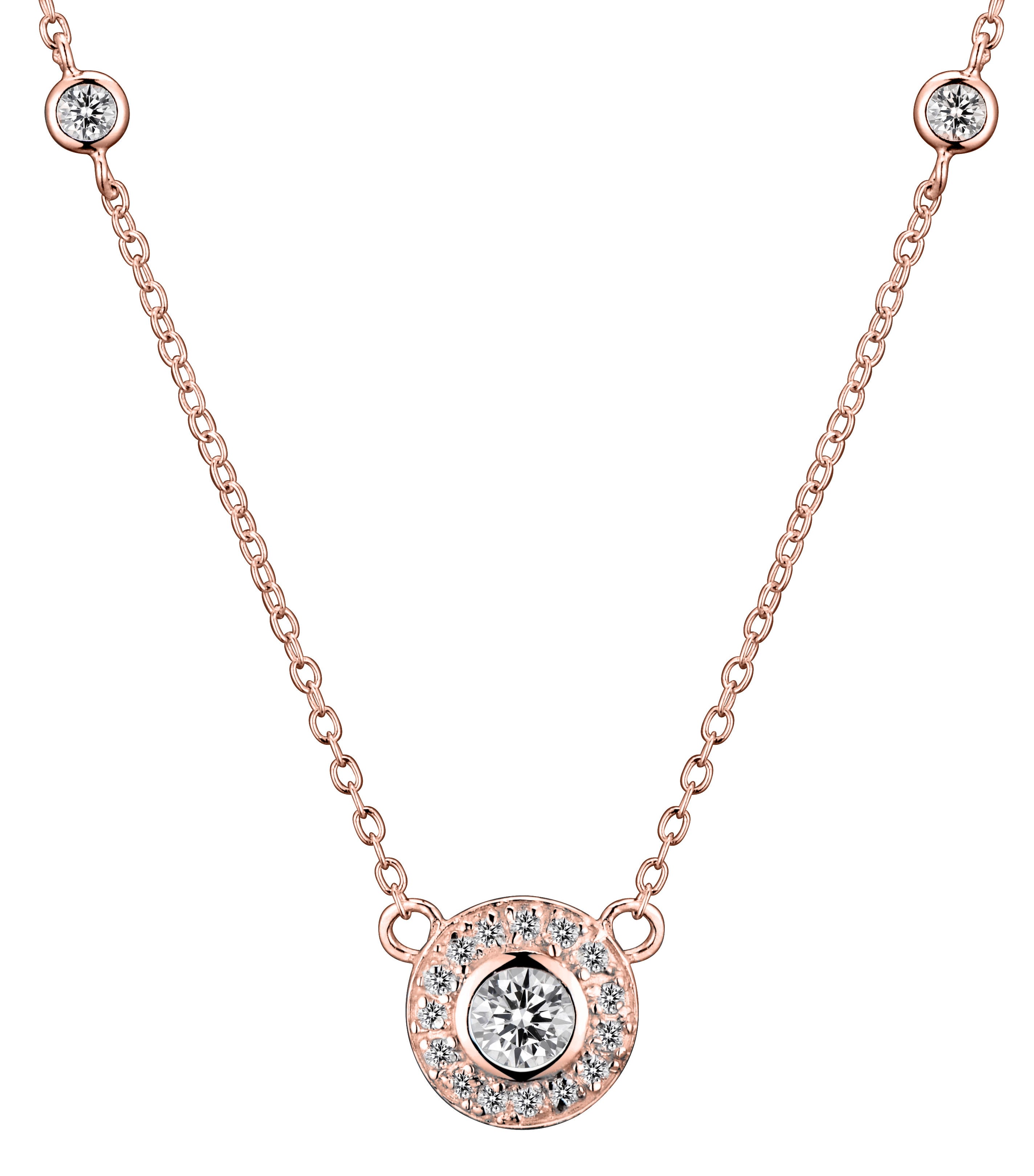 Genevive Jewelry Women's White / Rose Gold Cubic Zirconia Sterling Silver Rose Plated Round Bezel Set Necklace In Multi