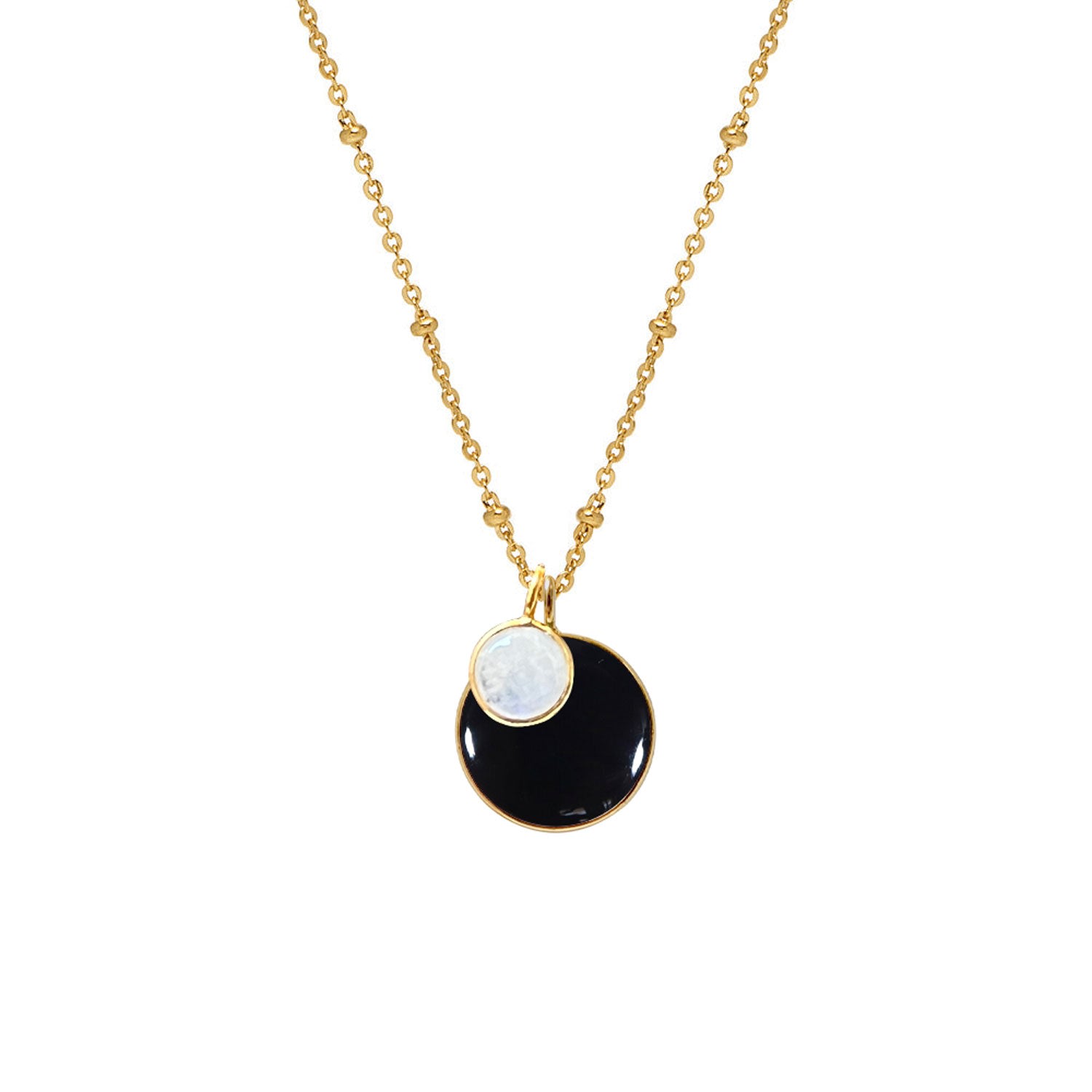 Women’s Black / Gold Duo Ying Yang Black Onyx & Moonstone Pendant On Long Satellite Chain Mirabelle Jewellery