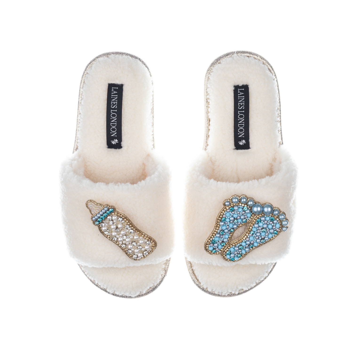 Laines London Women's White Teddy Towelling Slipper Sliders With New Baby Boy Brooches - Cream In White