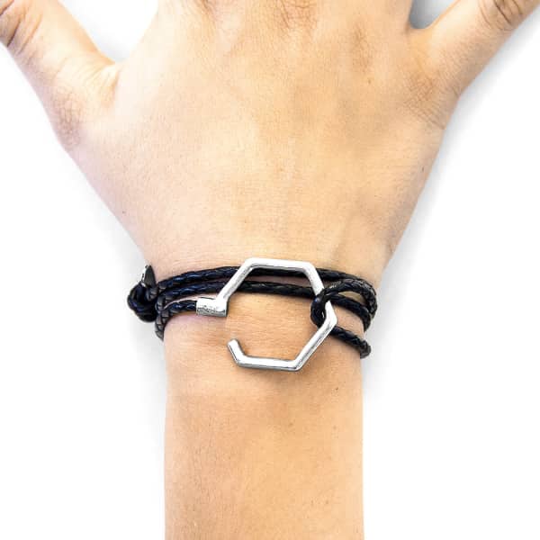 Anchor & Crew Coal Black Storey Silver & Braided Leather Bracelet