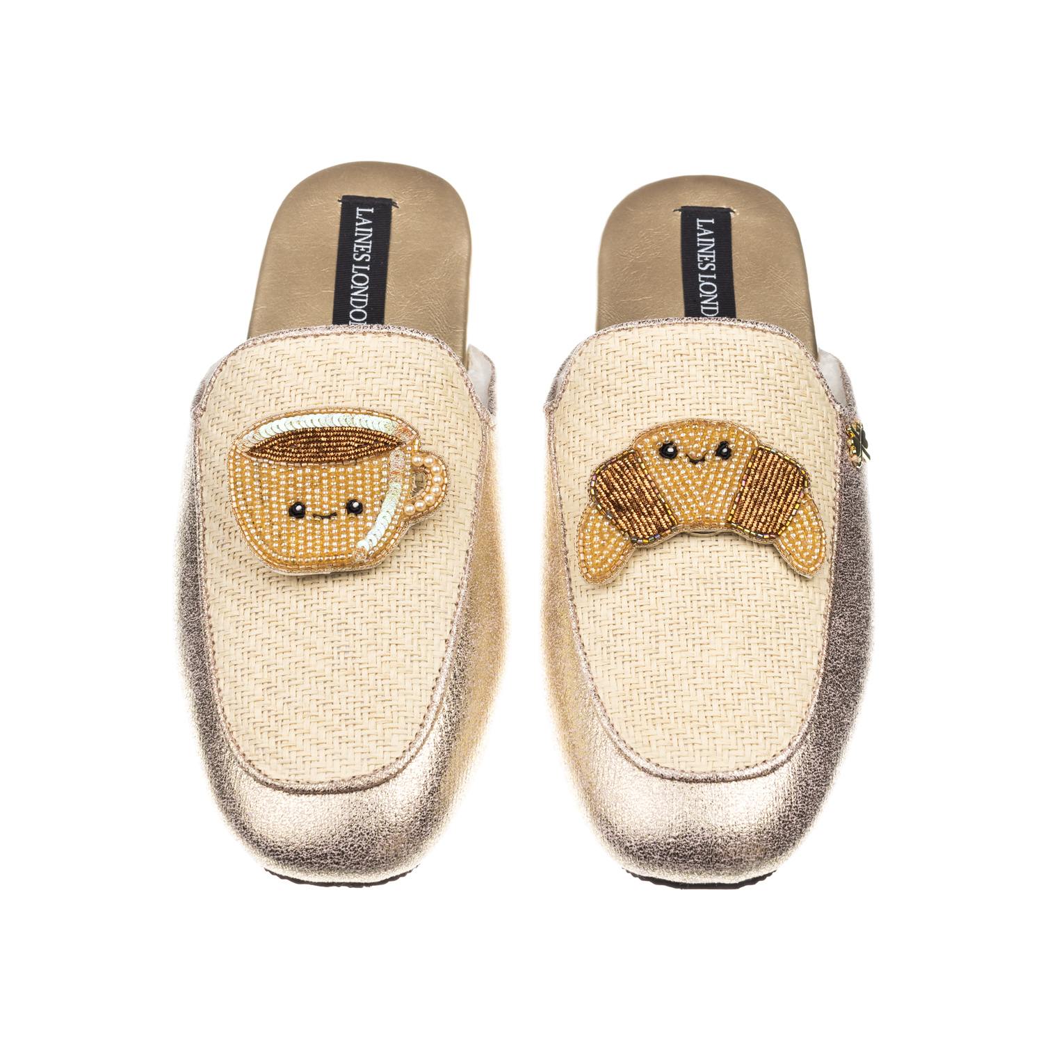 Laines London Women's Gold / Neutrals Classic Mules With Laines Loveables Coffee & Croissant Broooches - Cream & G In Gold