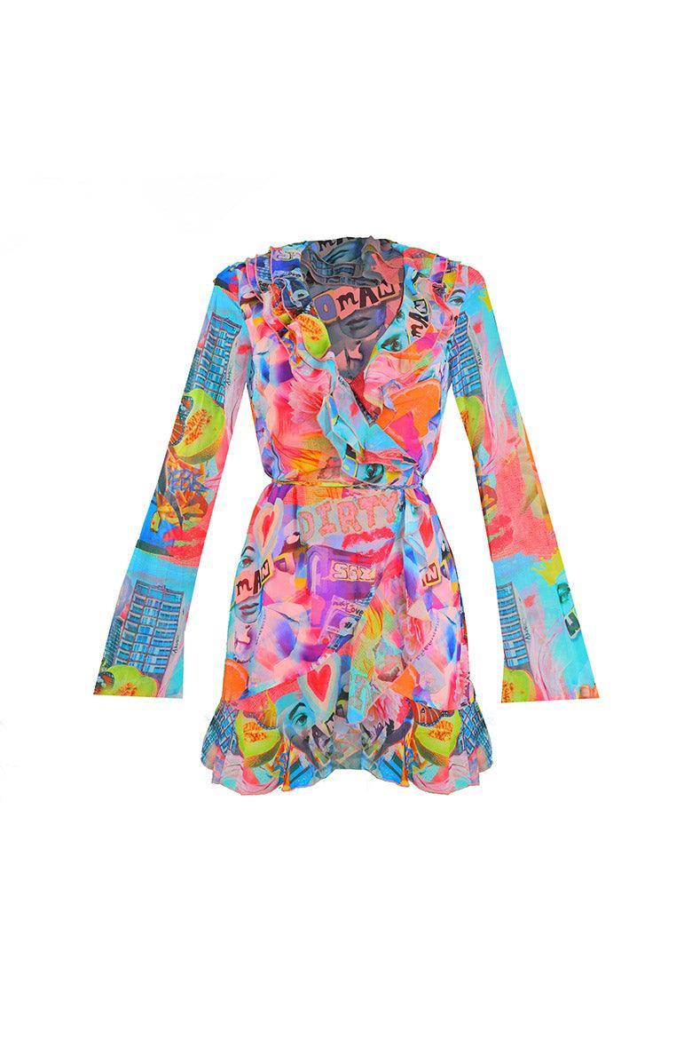 Women’s Moxie Ruffle Collar Chiffon Y2K Dress In Collage Print Extra Small Elsie & Fred