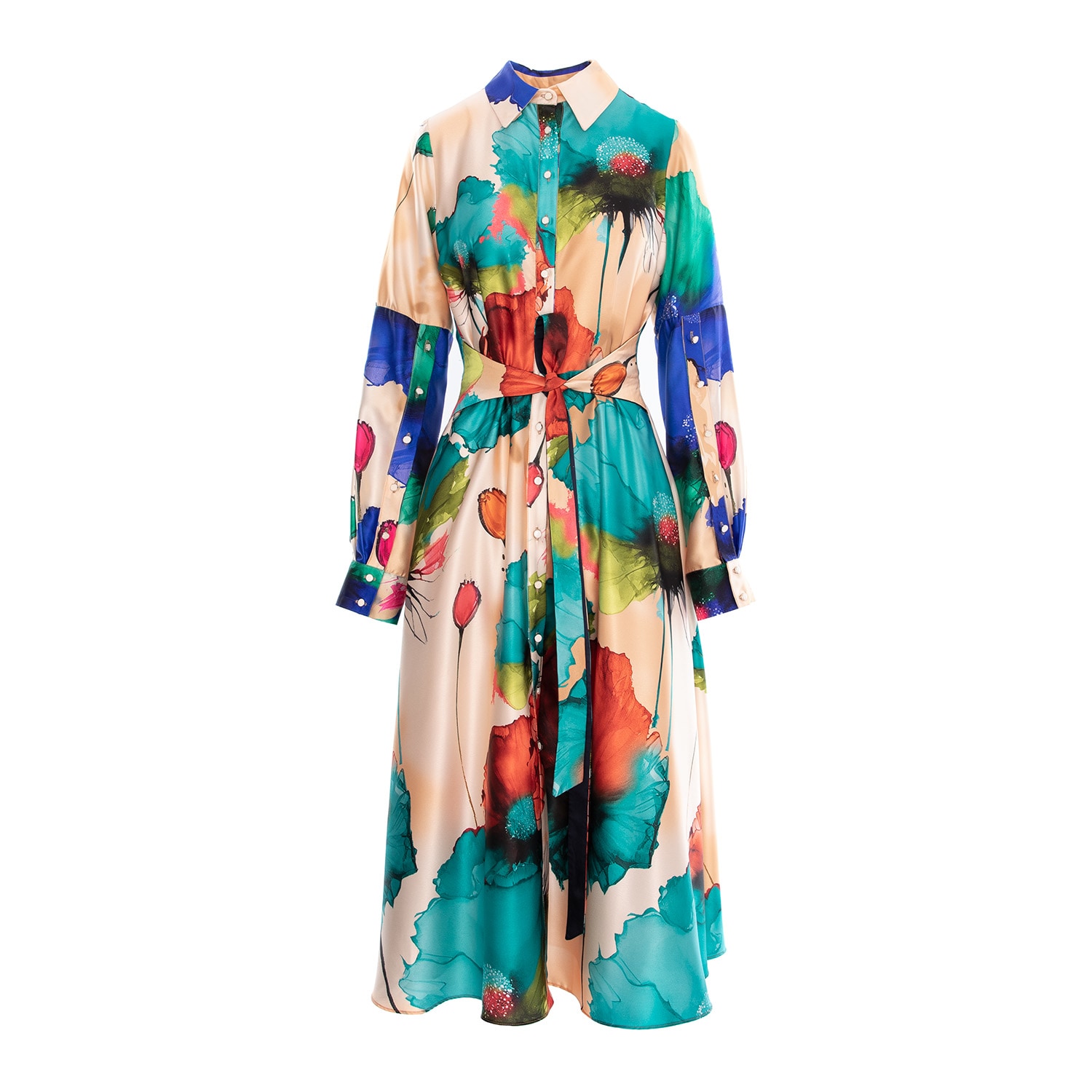 Izabela Mandoiu Women's Printed Satin Dress With Aqua Flowers