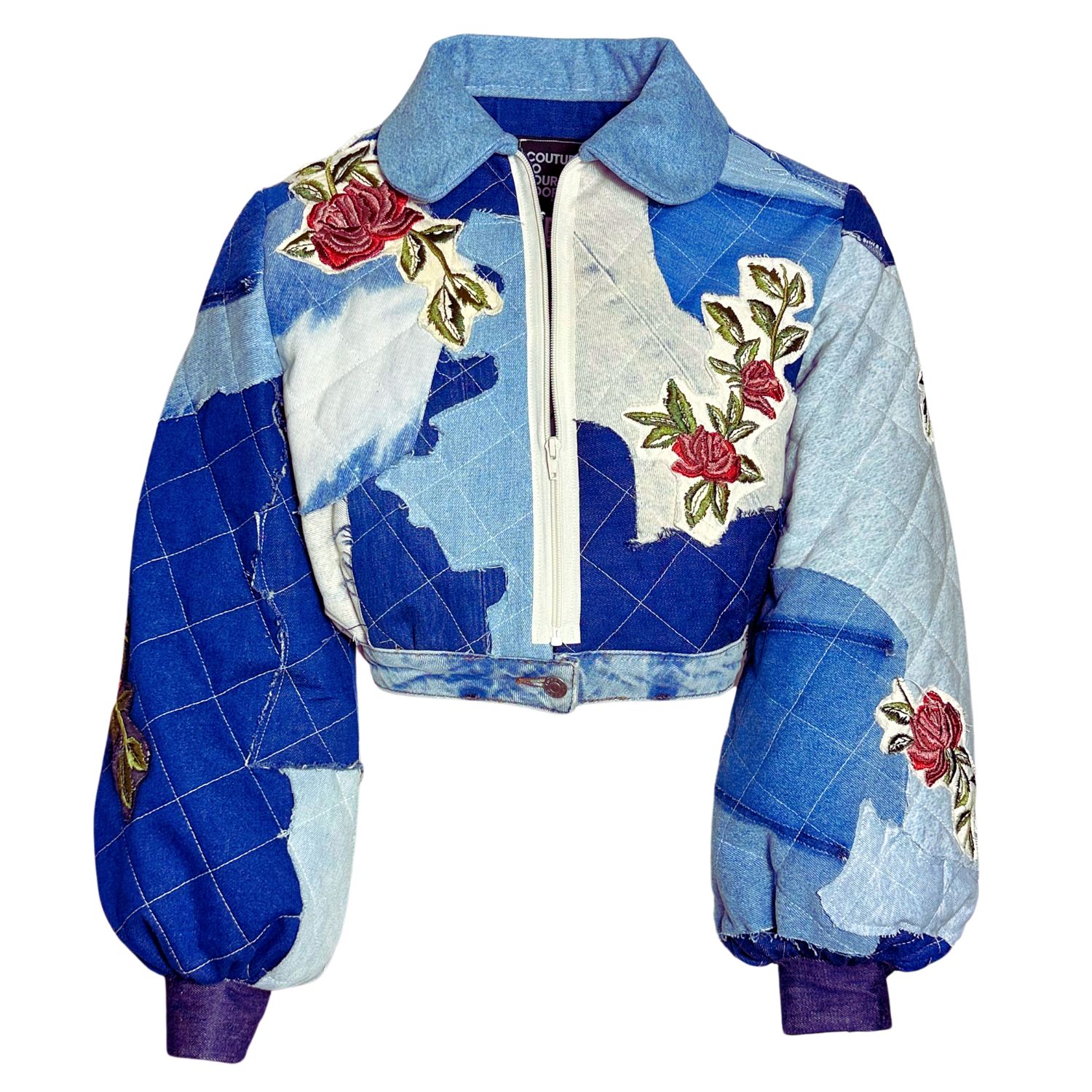Women's Blue / Red Quilted Denim Avant Garde Bomber Jacket | S/M | Couture to Your Door