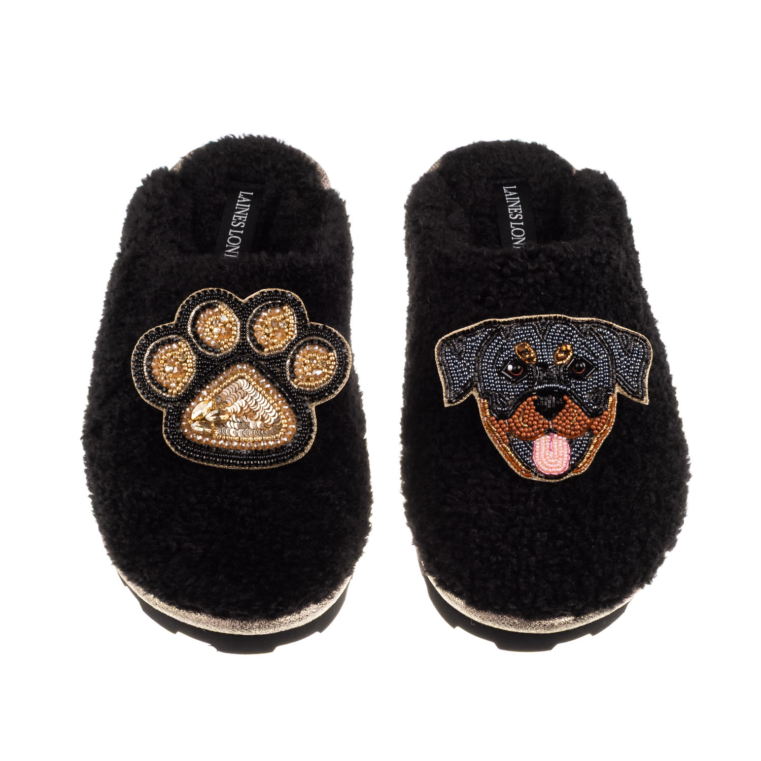 Laines London Women's Teddy Closed Toe Slippers With Paw & Rottweiler Brooches - Black In Black