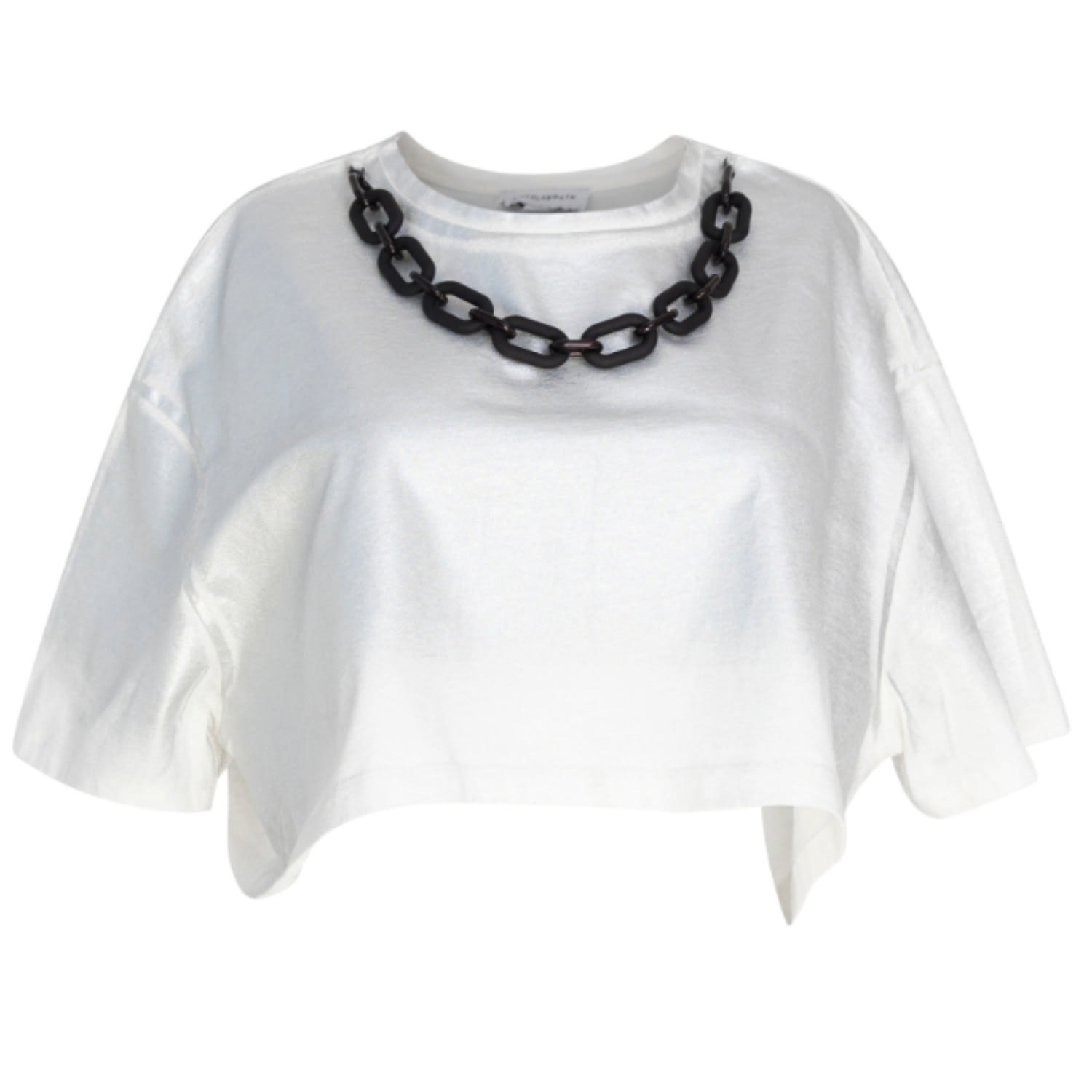 Circular Path Women's White / Silver Necklace Crop T-shirt - Metallic-white In White