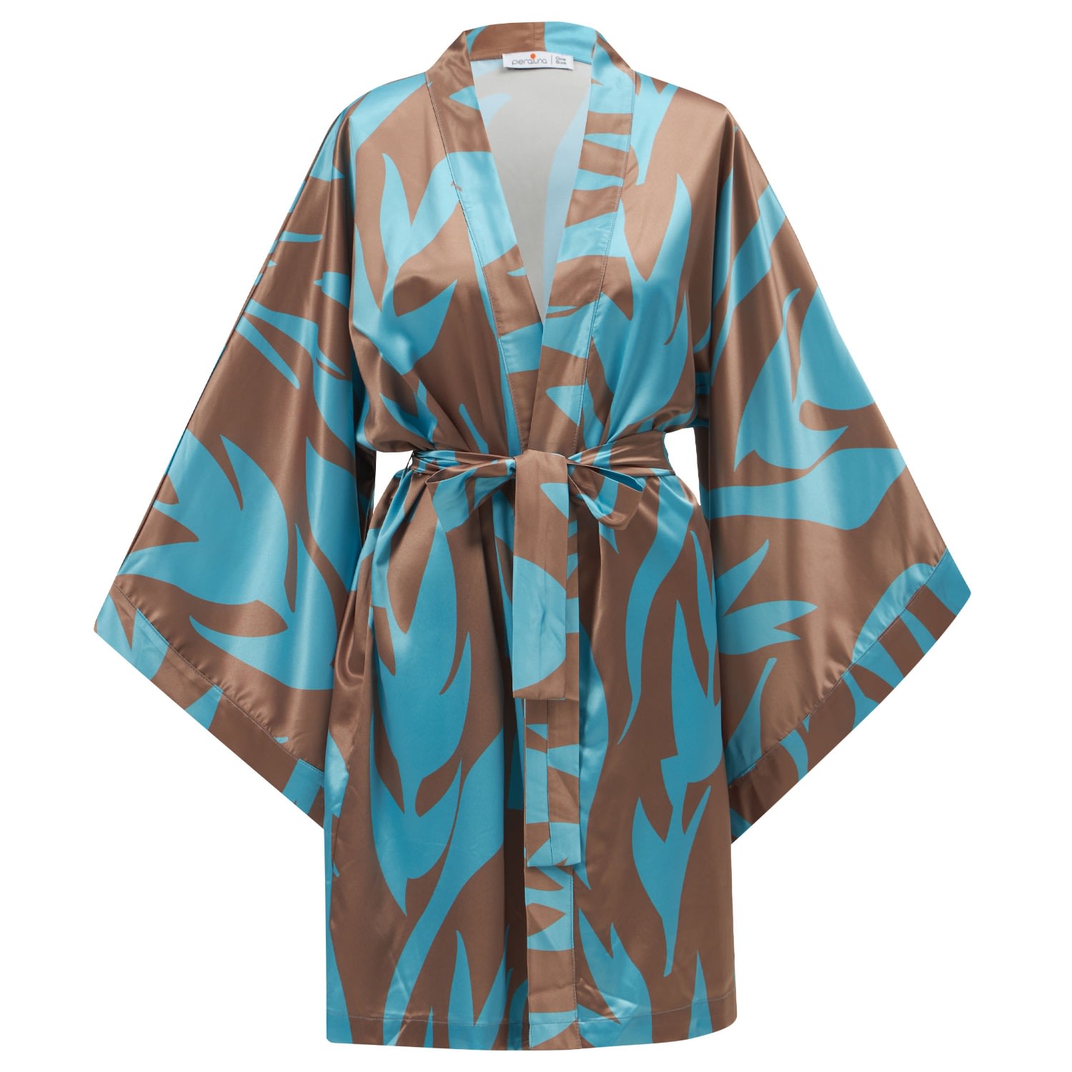 Women's Kalinda Satin Short Kimono - Turquoise/Brown | One Size | Peraluna