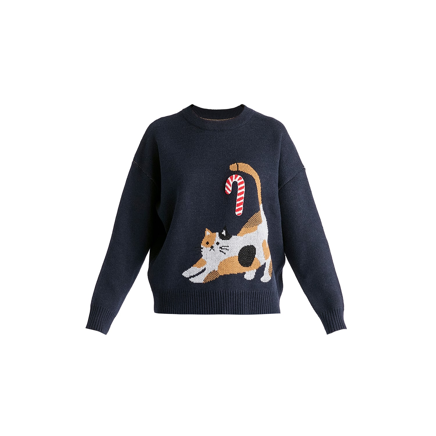 Paisie Women's Blue Christmas Jumper With Cat & Candy Cane In Navy In Blue