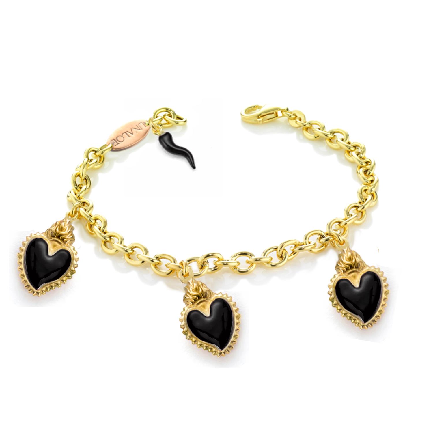 Unaloe Women's Gold / Black Gold-plated Silver Bracelet With Three Black Heart Pendants And Horn