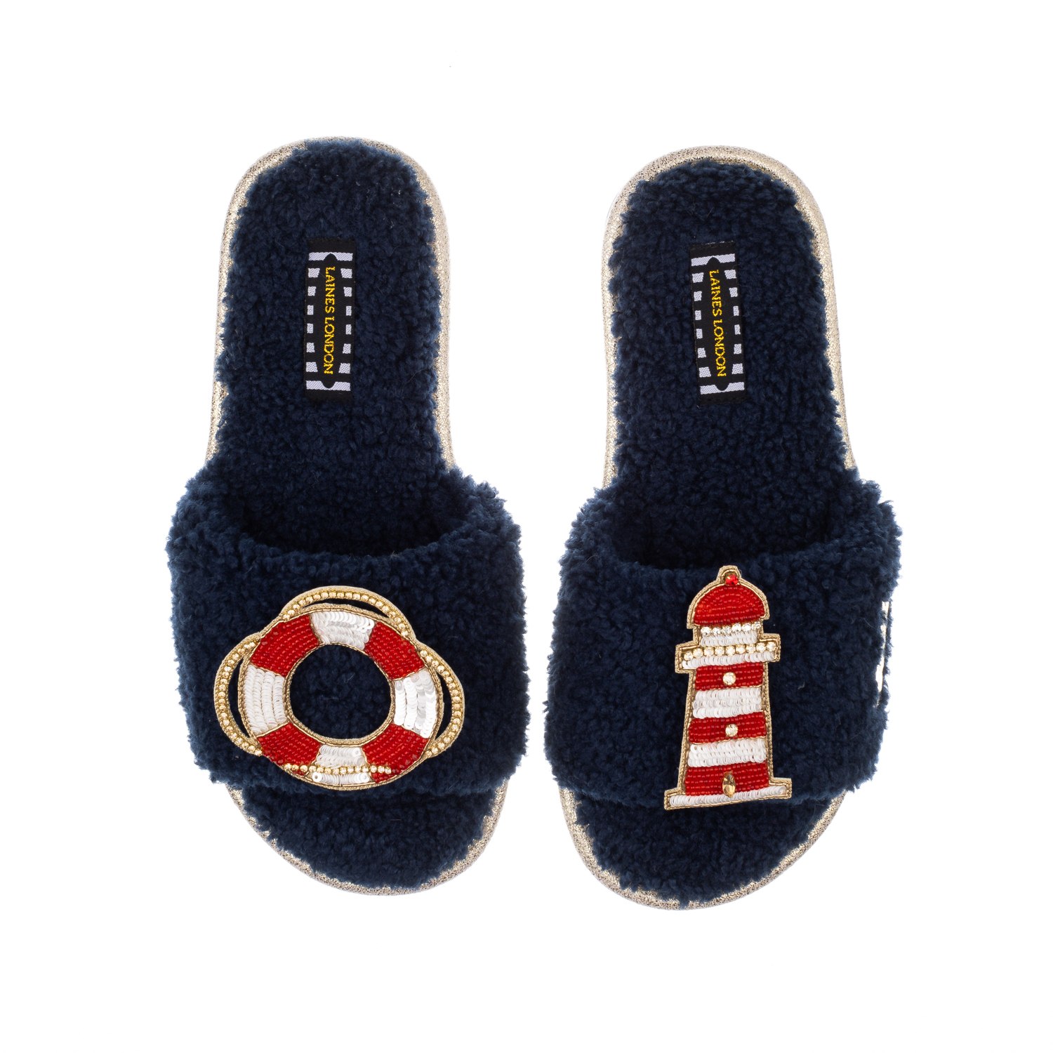 Women’s Blue Teddy Towelling Slipper Sliders With Beach Ring & Lighthouse Brooches - Navy Small Laines London