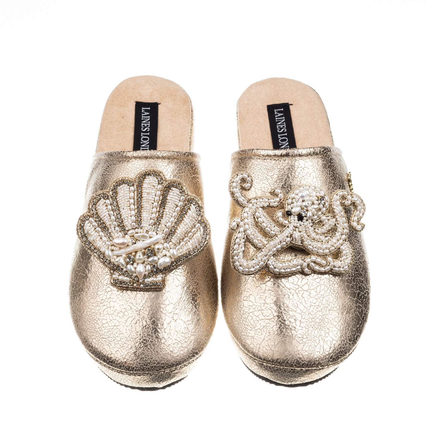 Laines London Women's  Gold Softie Slippers With Pearl Shell & Octopus Brooches In Gold