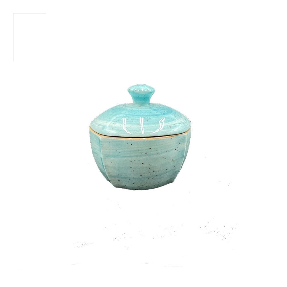 Turgla Home Aqua Round Blue Porcelain Sugar Bowl With Lid
