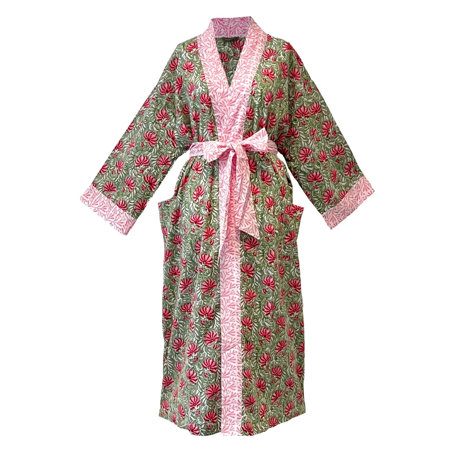 Lime Tree Design Women's Pink And Green Floral Cotton Full Length Kimono In Green