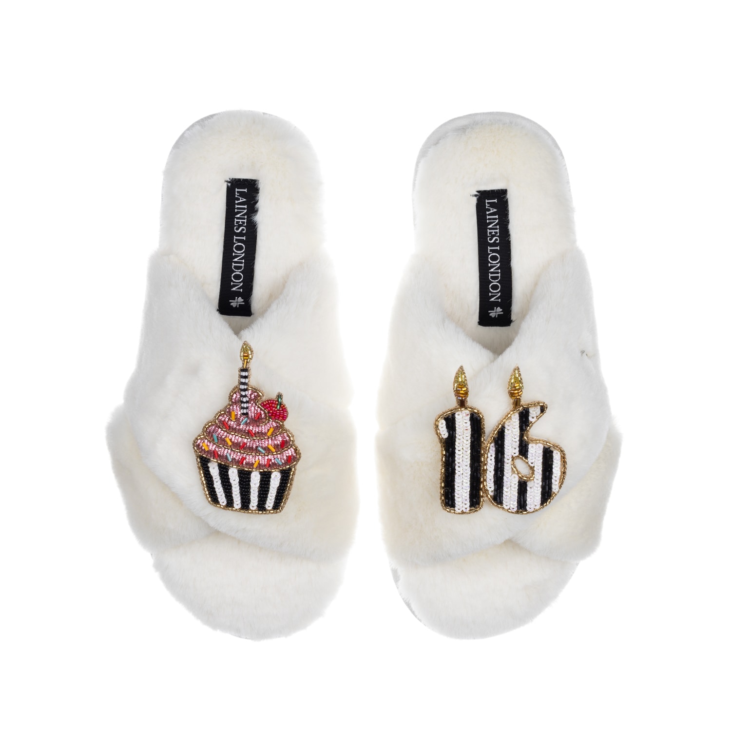 Laines London Women's White Classic Laines Slippers With Stripe 16th Birthday & Cake Brooches - Cream In White