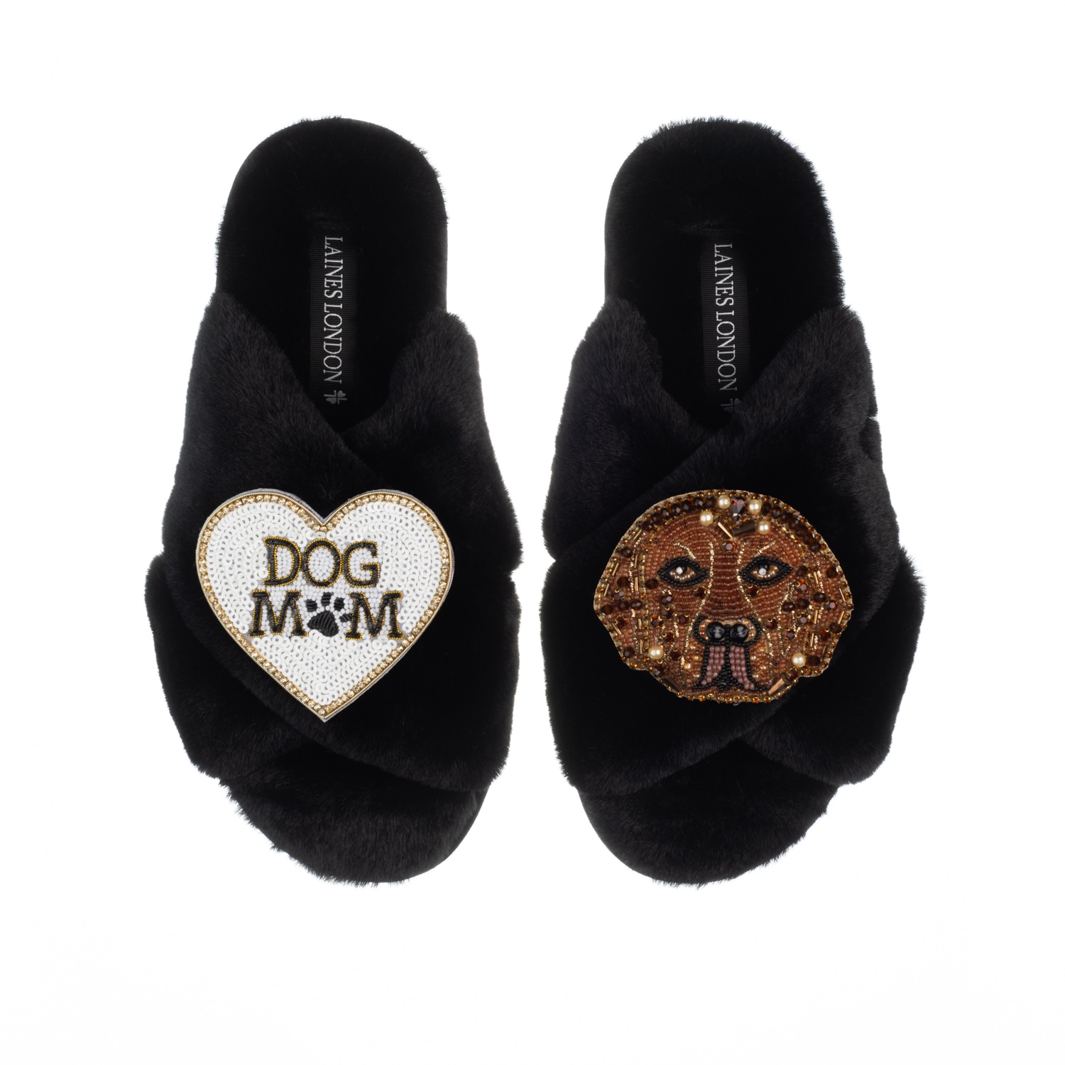 Women’s Classic Laines Slippers With Rocco The Chocolate Lab & Dog Mum / Mom Brooches - Black Large Laines London