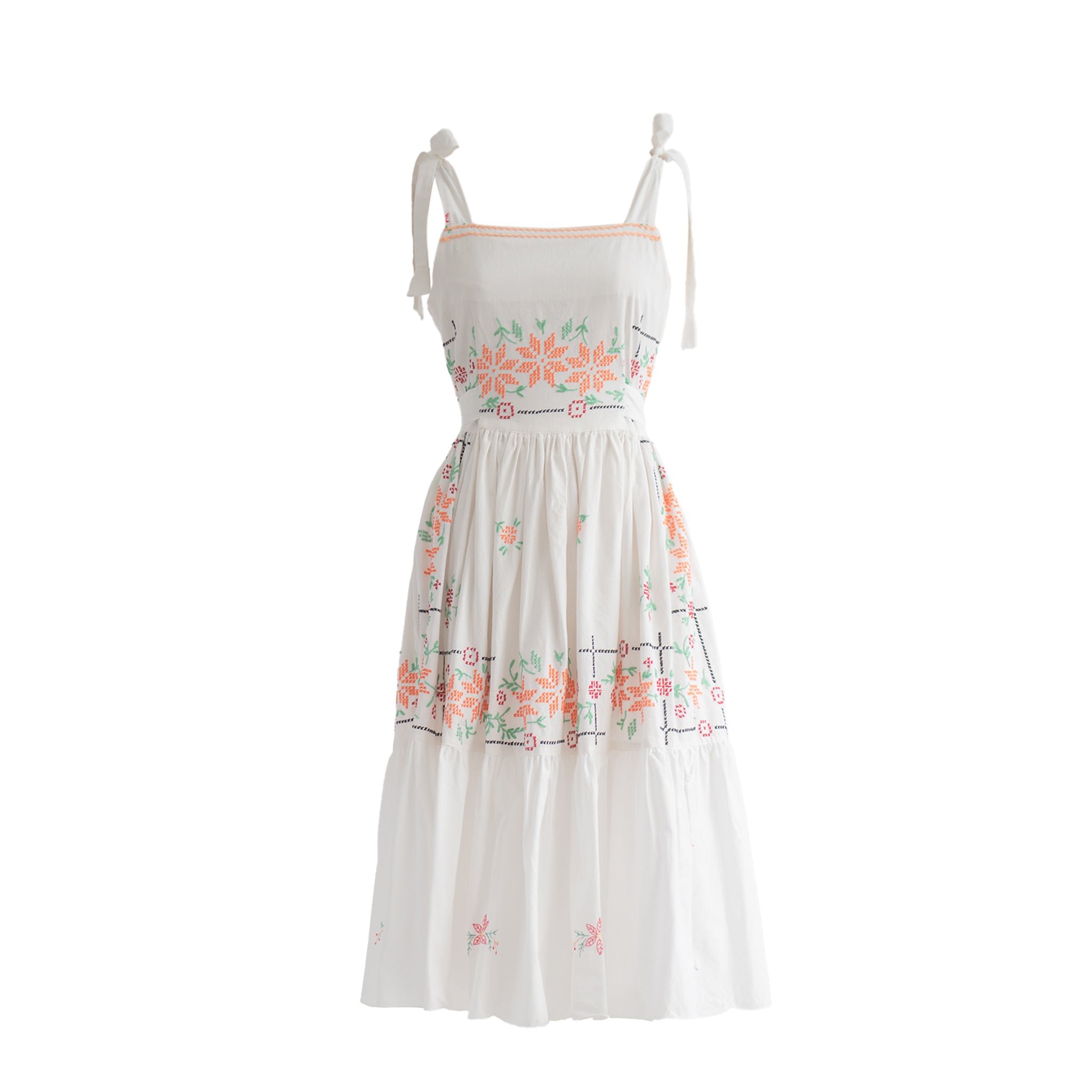 Sugar Cream Vintage Women's White Re-design Upcycled Sunflower Embroidery Cross Stitch Midi Dress In White