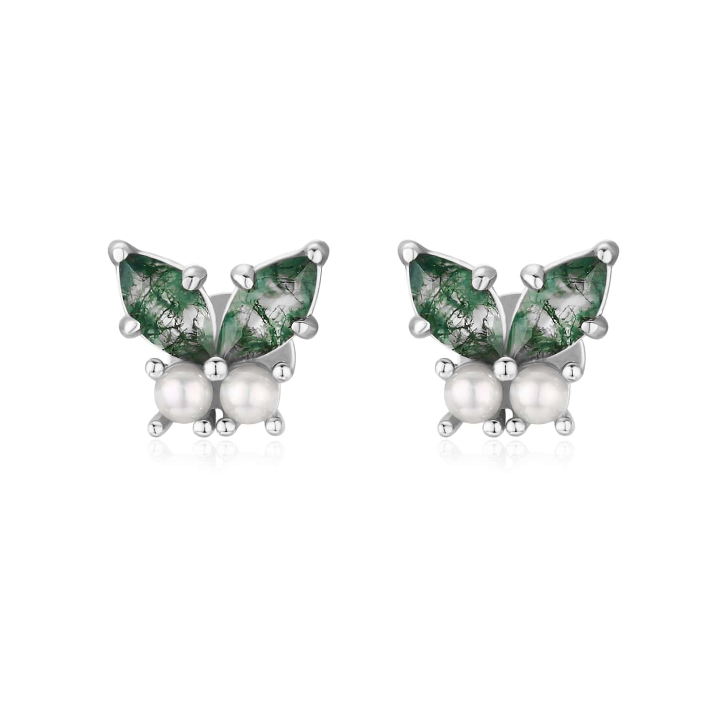 Azura Jewelry New York Women's Silver Monarch Butterfly Moss Agate Earrings White Gold Vermeil In Silver
