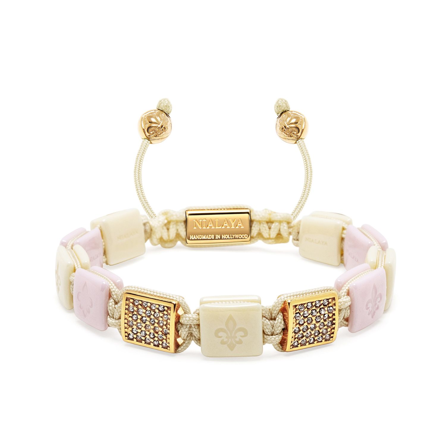 Nialaya Women's Cream & Soft Pink Ceramic Flatbead Bracelet With Gold Cz In Neutral
