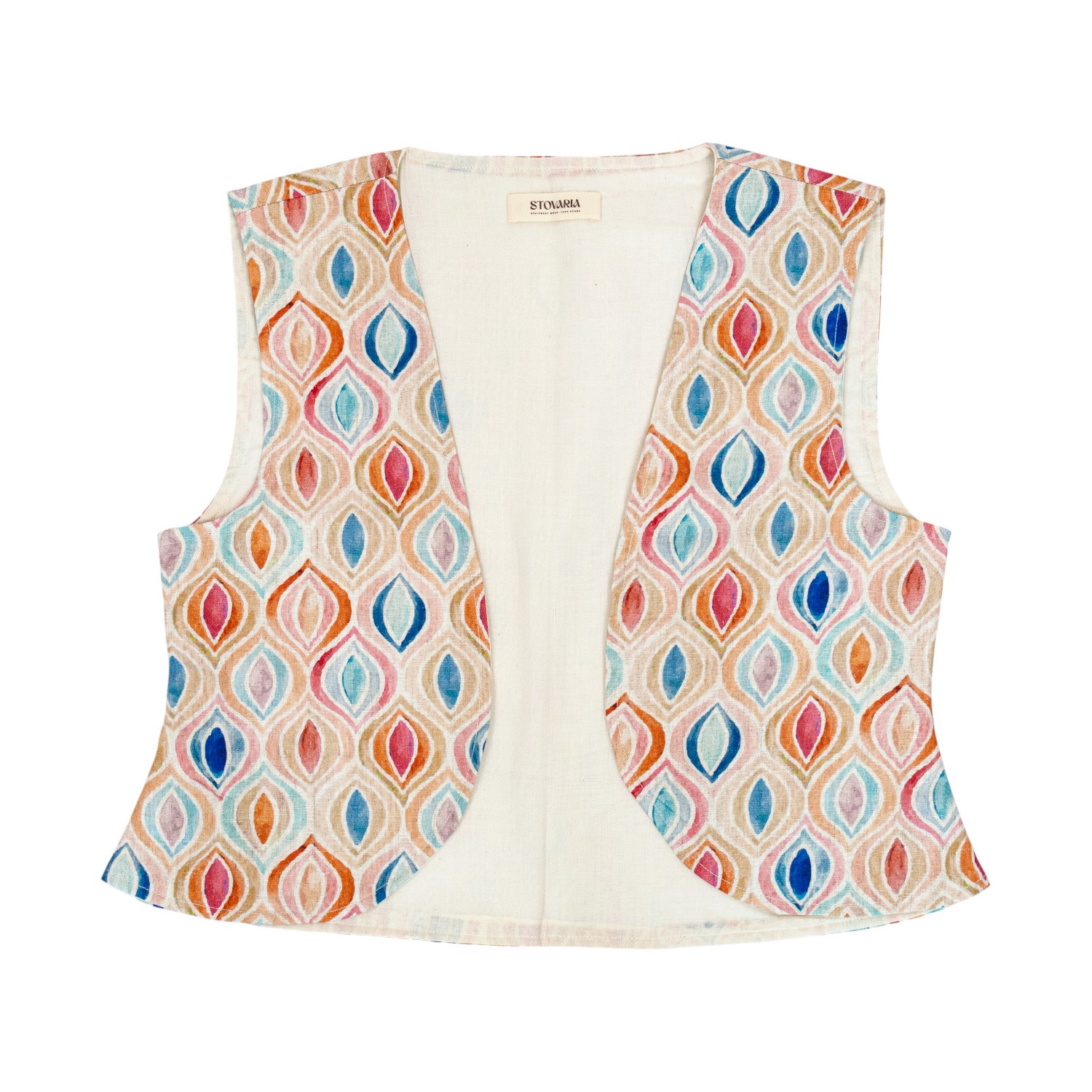 Stovaria Women's White Artful Teardrop Cotton-linen Vest – Statement Waistcoat