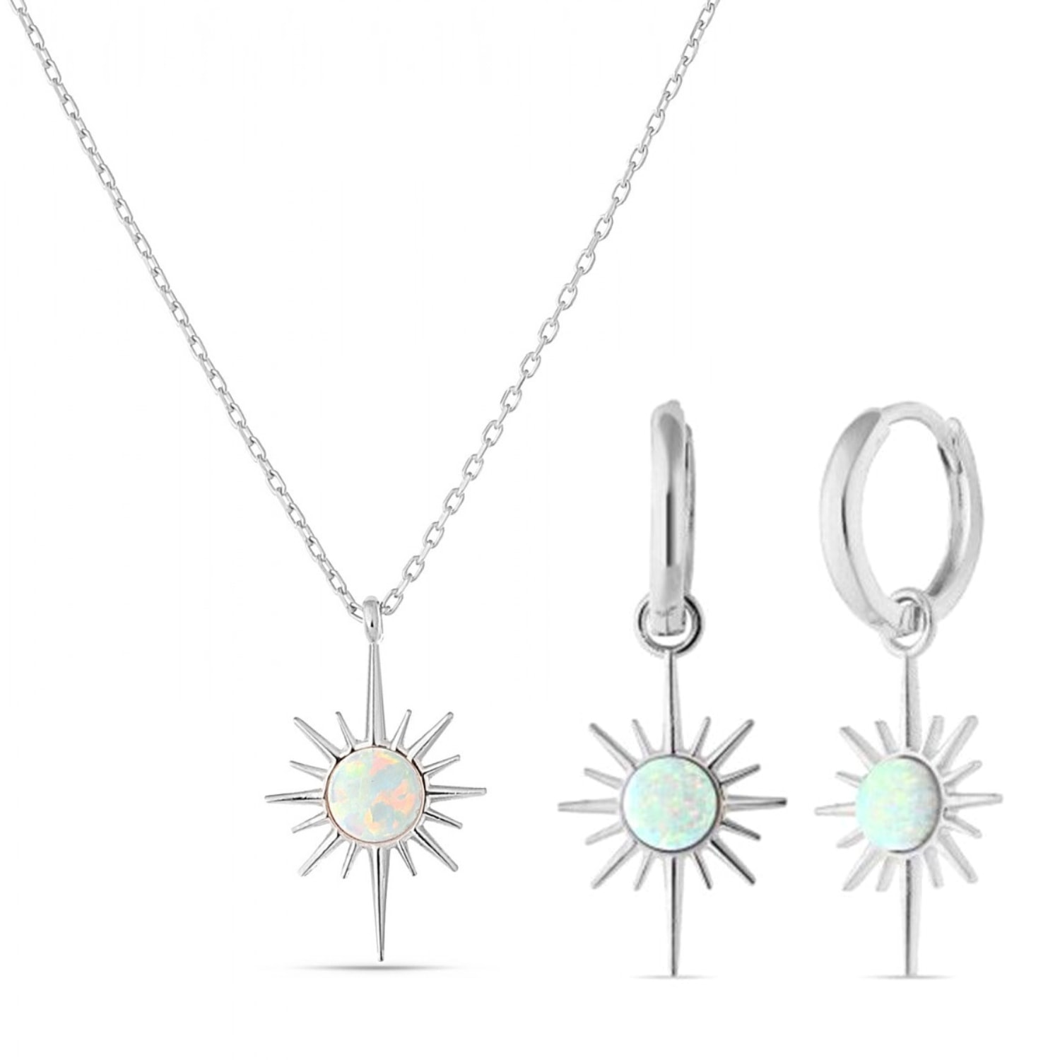 Women’s Opal Northernstar Drop Hoop Earring & Necklace Sterling Silver Set - Silver Spero London