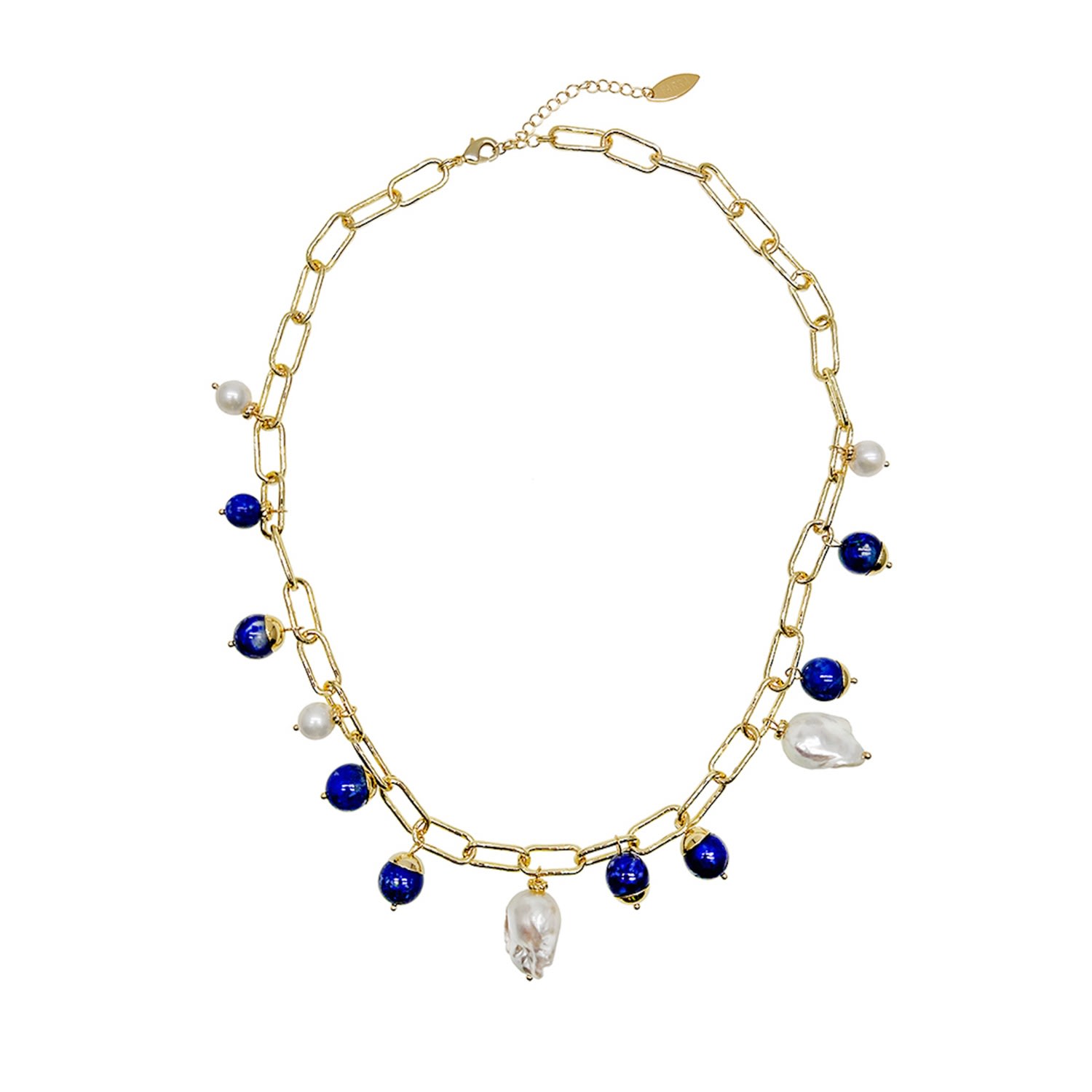 Women’s Gold / Blue / White Gold Chain With Baroque Pearls And Lapis Charms Necklace Farra