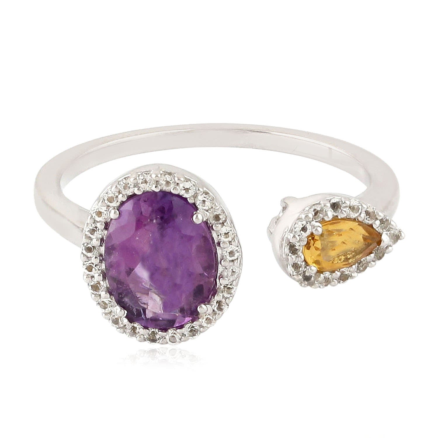 Women’s Pink / Purple / Yellow 925 Sterling Silver In Pave Topaz & Amethyst With Citrine Bypass Ring Jewelry Artisan