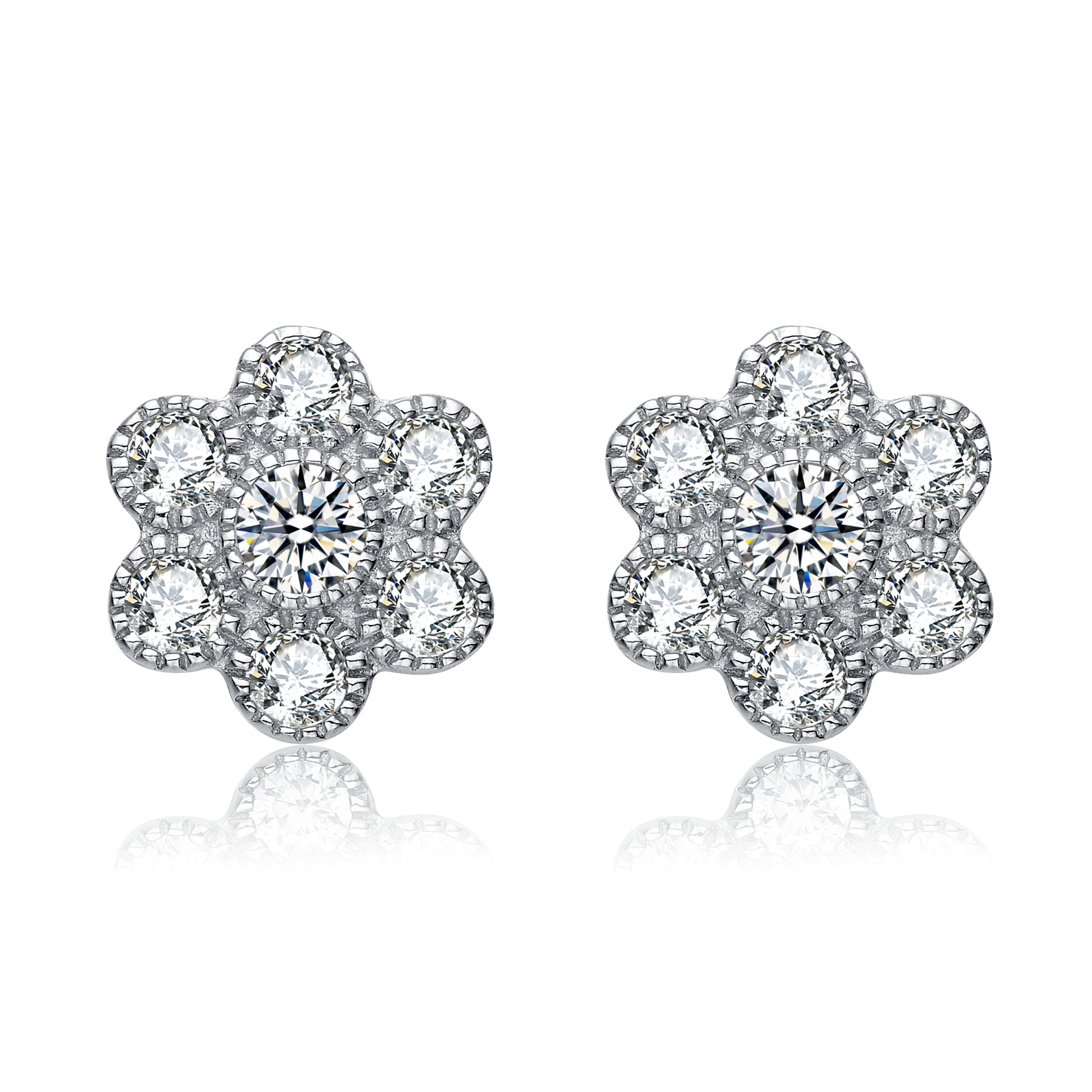 Women’s Cubic Zirconia Sterling Silver Rhodium Plated Flower Shape Stud Style Earrings Genevive Jewelry