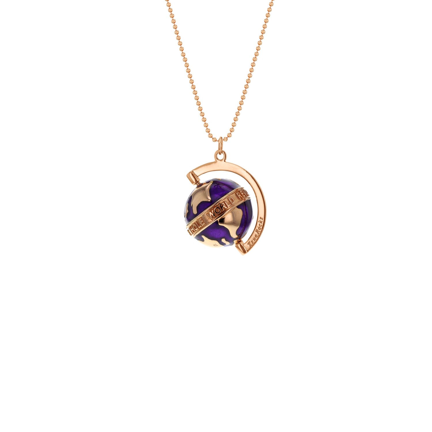 True Rocks Men's Orange / Rose Gold Small Spinning Globe Pendant 18kt Rose Gold Plated & Deep Purple Enamel