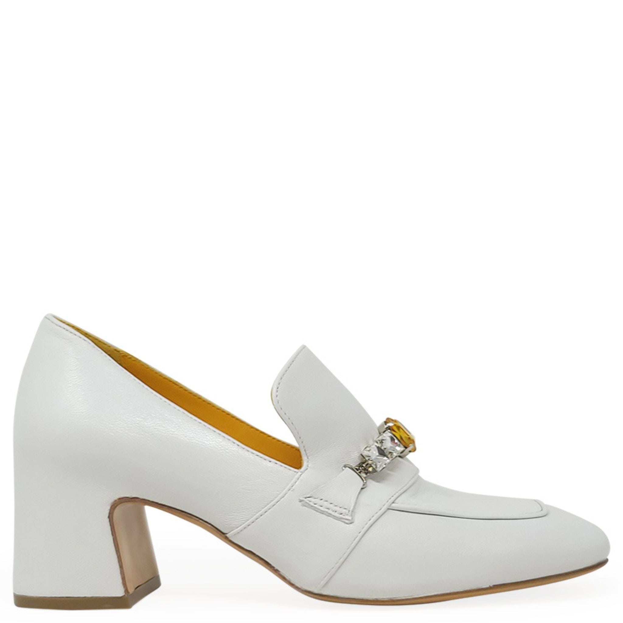 Madison.maison Women's White Leather Mid Heel Jeweled Loafer In White