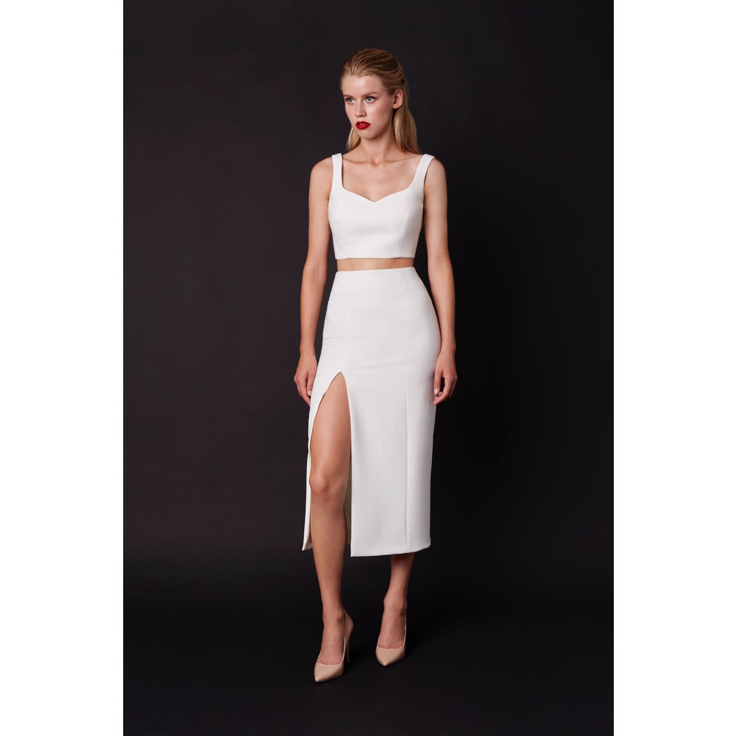 Noara Creamy White Midi Front Slit Skirt Set | Nomi Fame | Wolf & Badger