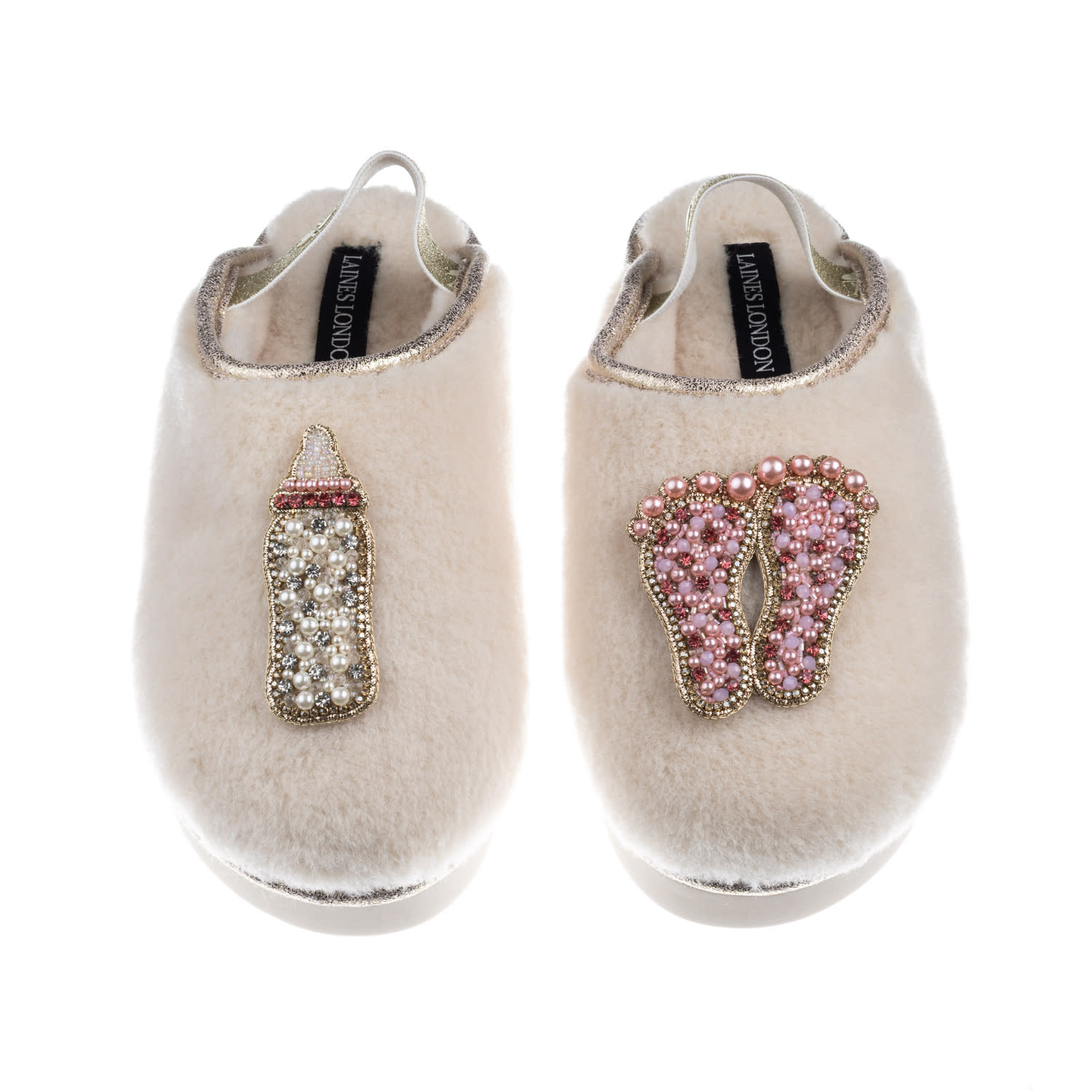 Laines London Women's Gold / Neutrals / White Flatform Cloud Slippers With New Baby Girl Brooches - Cream