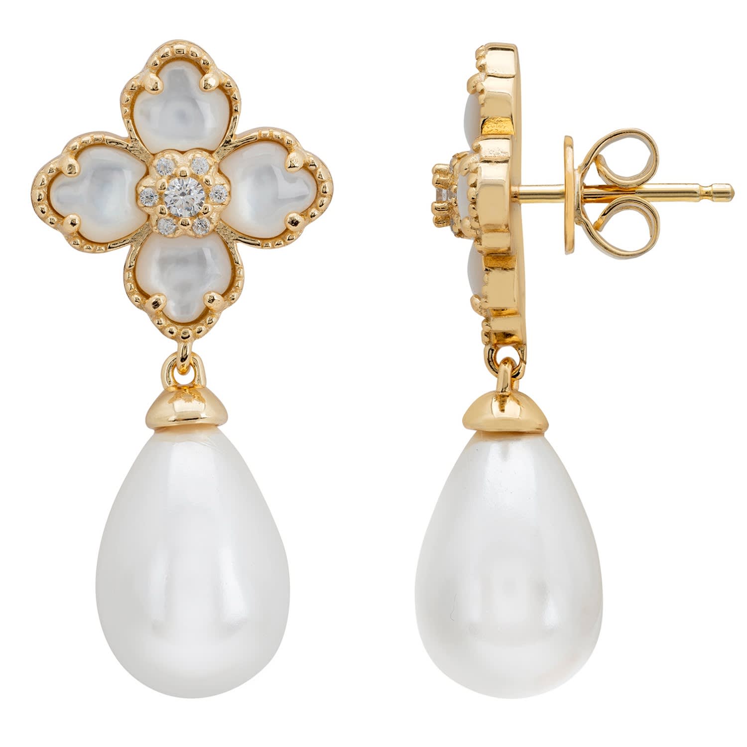 Flower Clover Pearl Drop Earrings Mother Of Pearl Gold | LATELITA 
